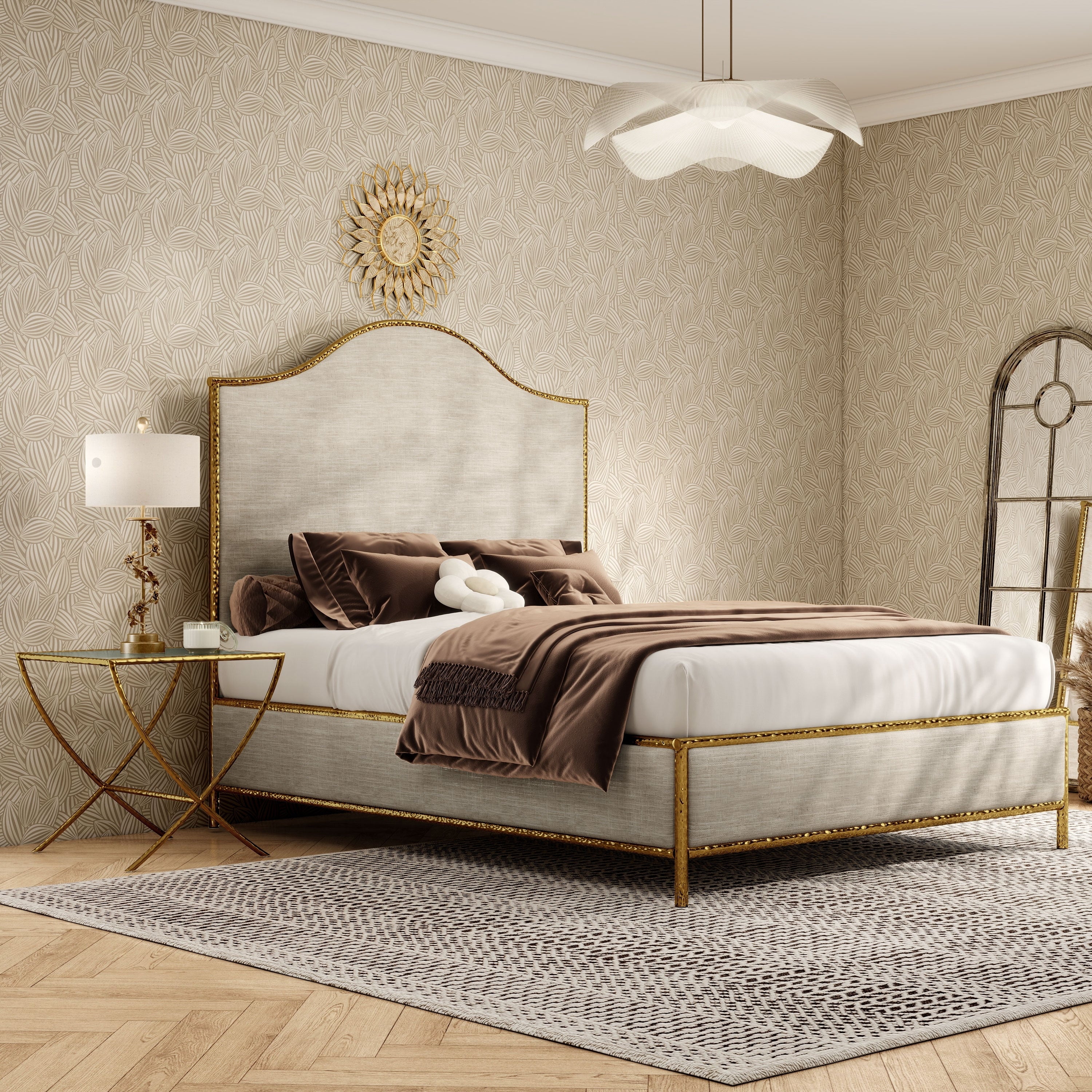 Furniture Of America Zayen Modern 2 Piece Upholstered Queen Size Hammered Metal Camelback Bedroom Set With Nightstand