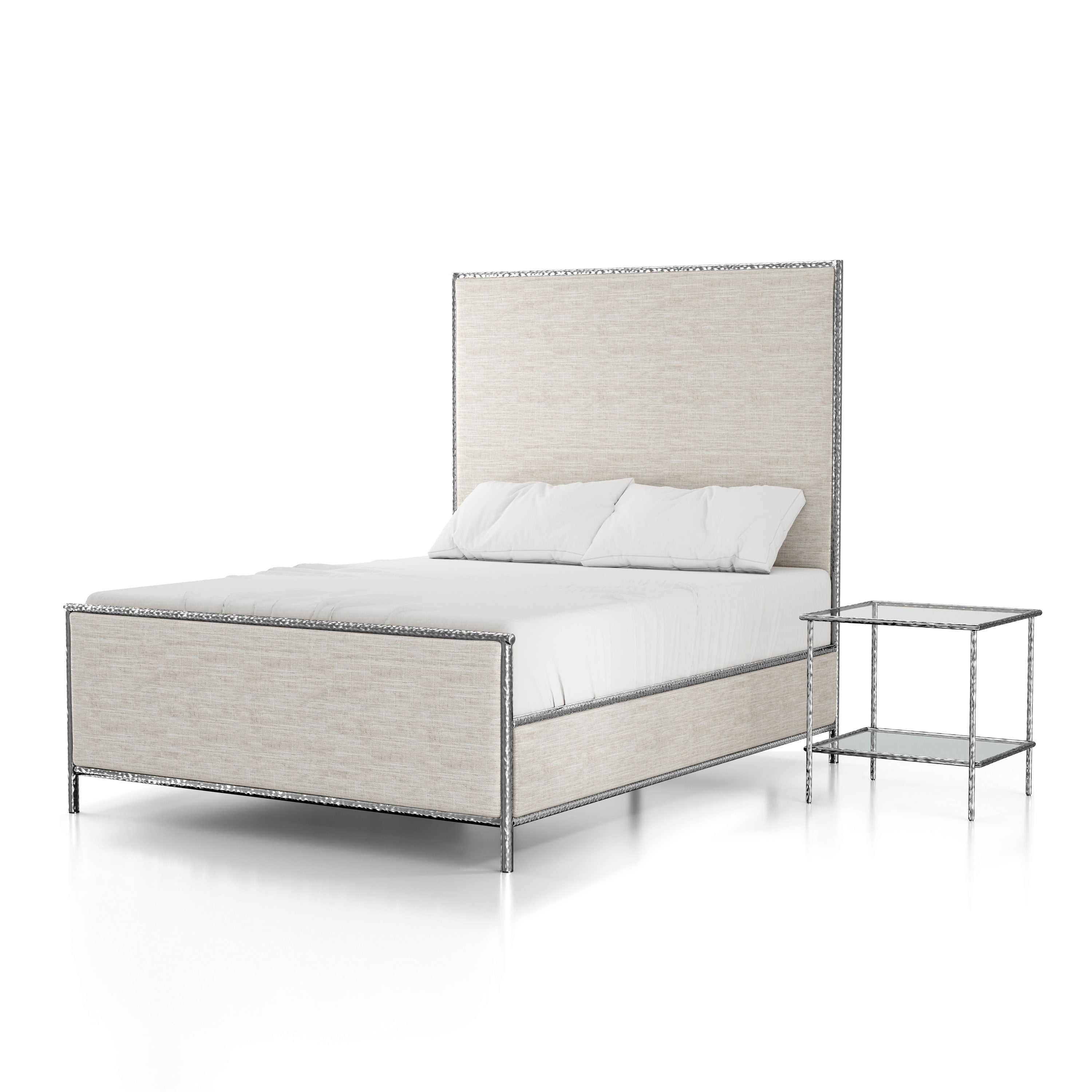 Furniture Of America Zayen Modern 2 Piece Upholstered Queen Size Hammered Metal Platform Bedroom Set With Nightstand