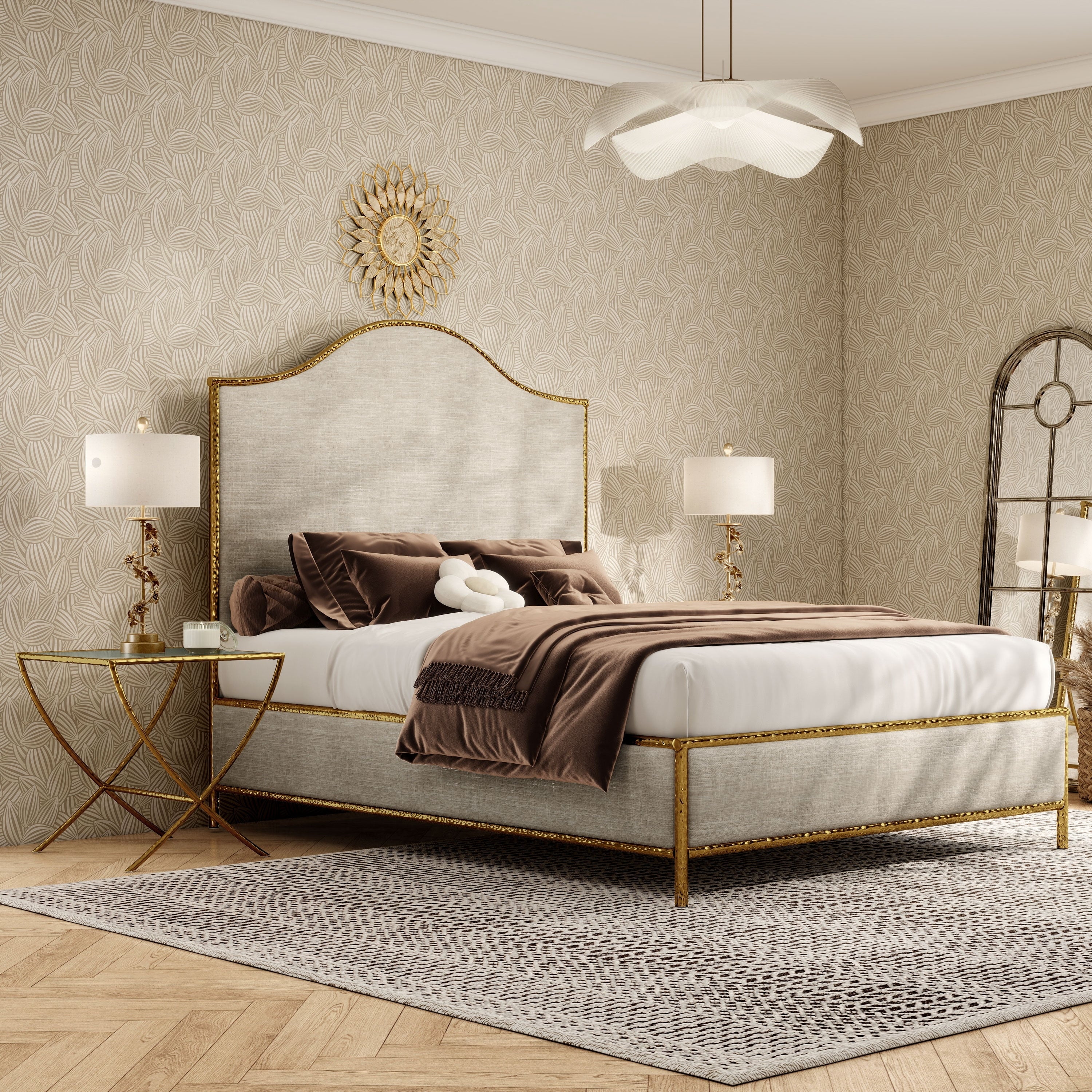 Furniture Of America Zayen Modern 3 Piece Upholstered Queen Size Hammered Metal Camelback Bedroom Set With 2 Nightstands