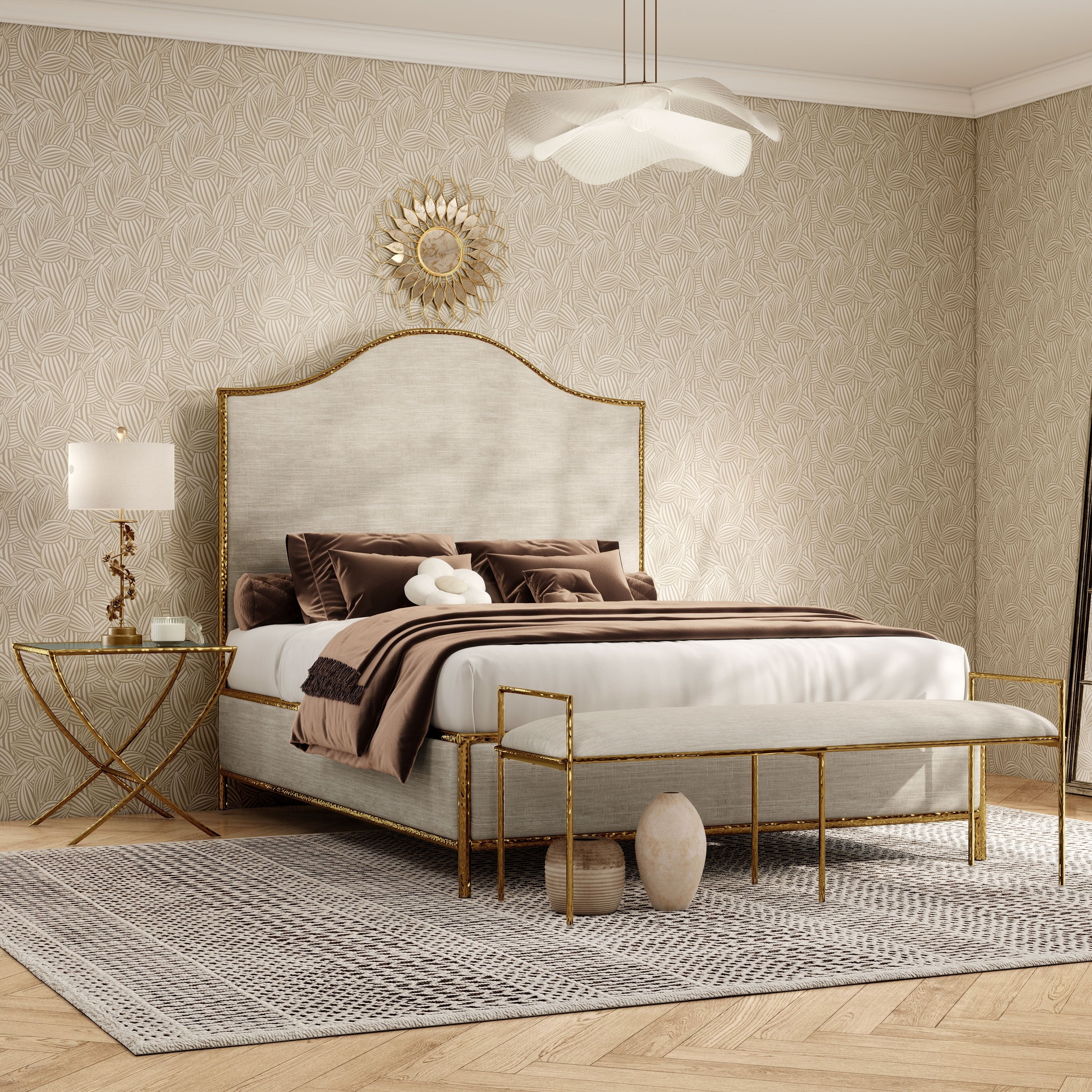 Furniture Of America Zayen Modern 3 Piece Upholstered Queen Size Hammered Metal Camelback Bedroom Set With Nightstand And Bench