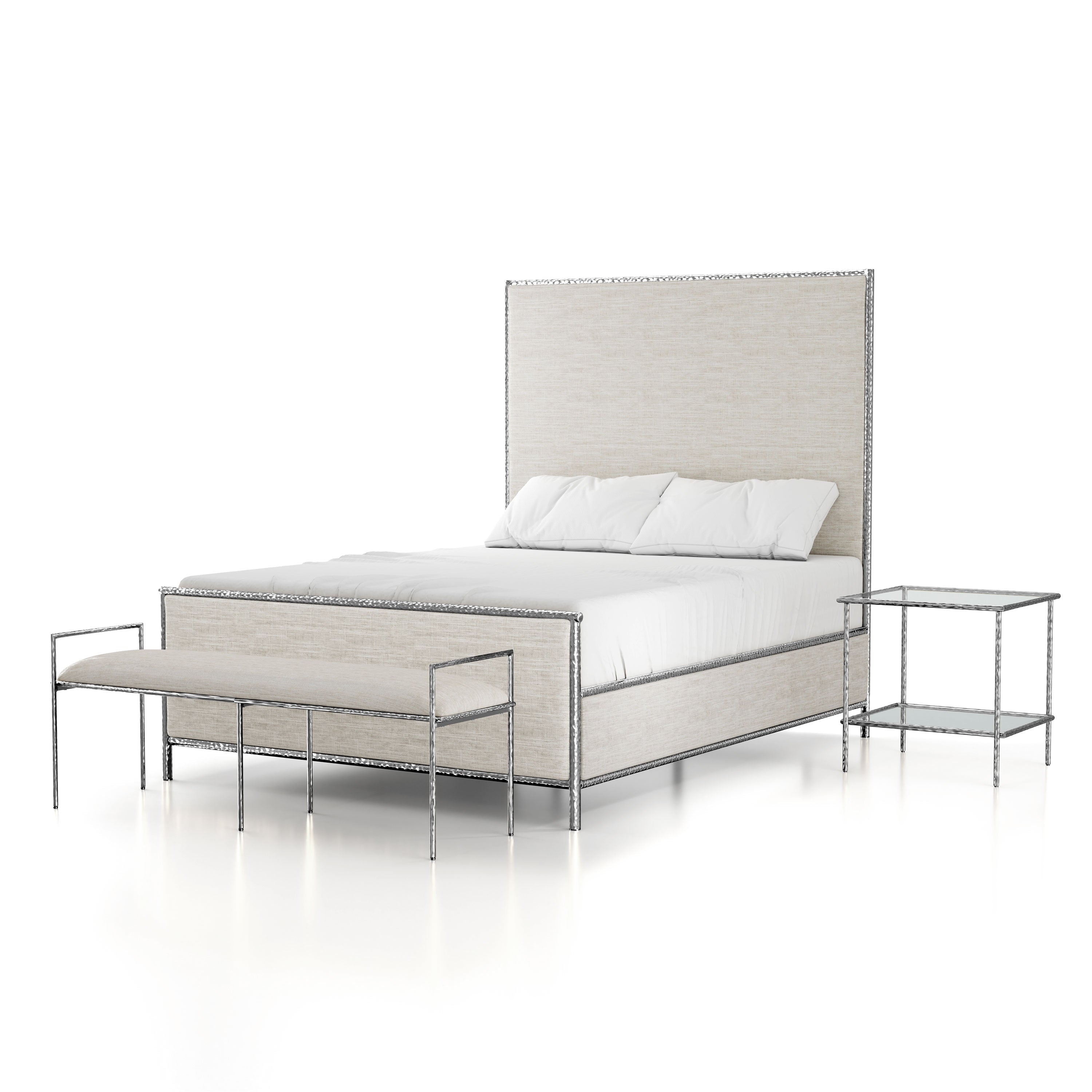 Furniture Of America Zayen Modern 3 Piece Upholstered Queen Size Hammered Metal Platform Bedroom Set With Nightstand And Bench