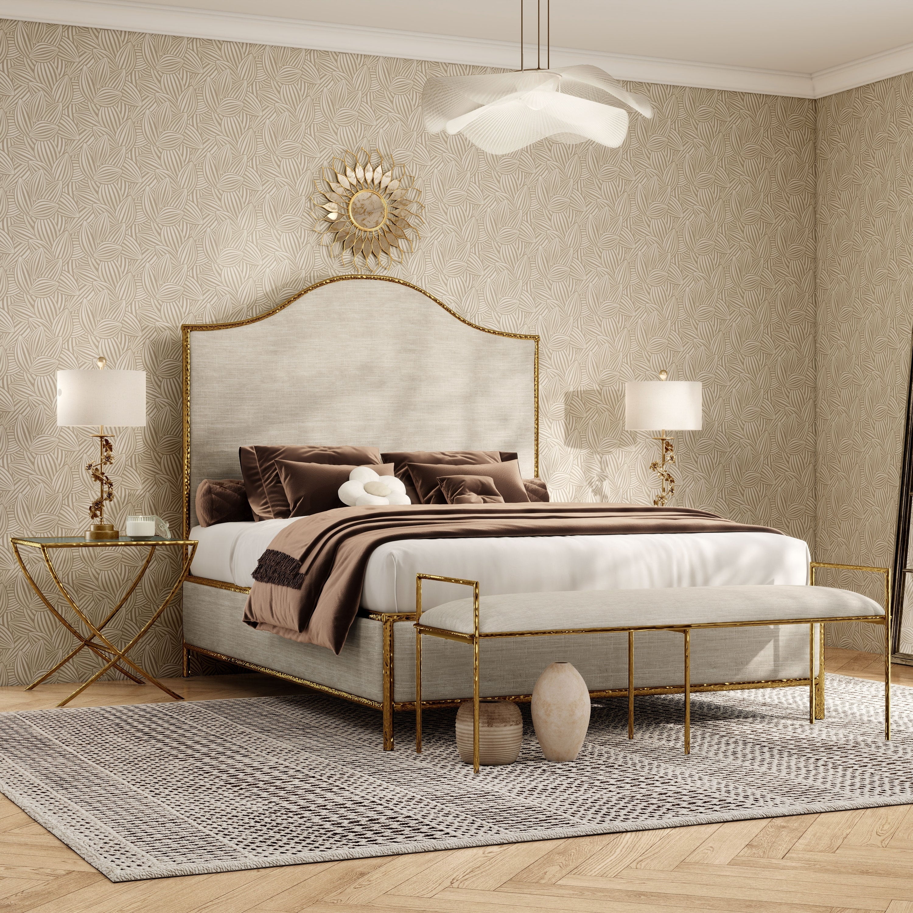 Furniture Of America Zayen Modern 4 Piece Queen Size Hammered Metal Camelback Bedroom Set With 2 Nightstands And Bench