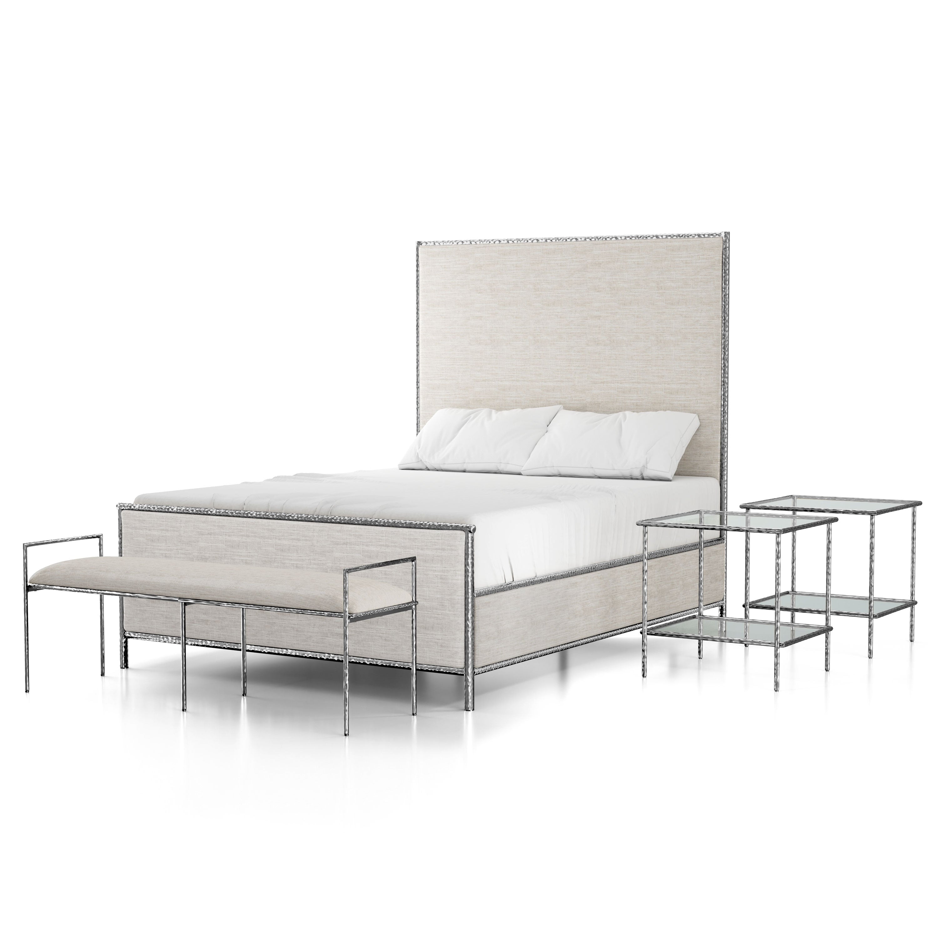 Furniture Of America Zayen Modern 4 Piece Queen Size Hammered Metal Platform Bedroom Set With 2 Nightstands And Bench