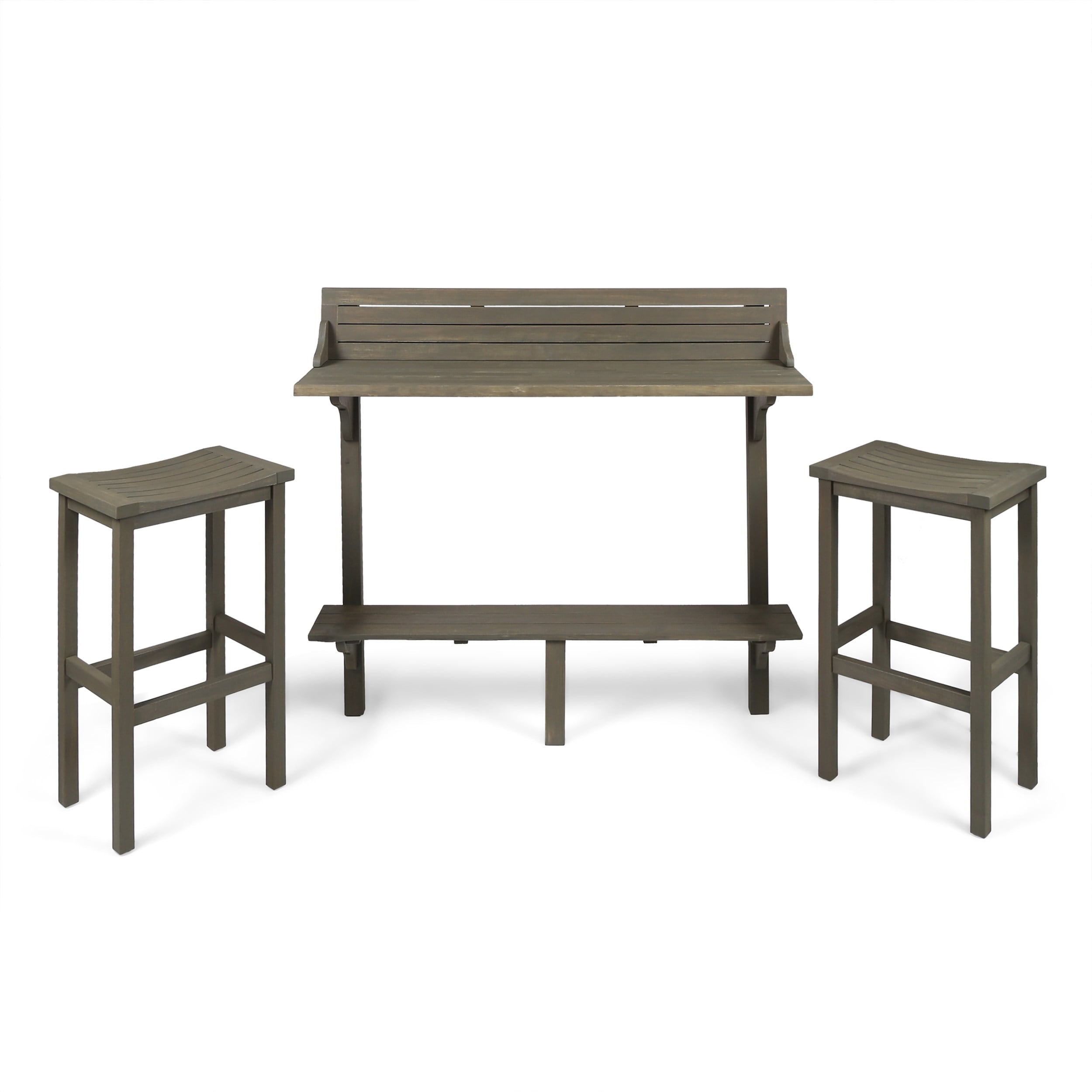 Furniturer 3 Piece Balcony Bar Set With 2 Stools Wood Outdoor Bar Table With Shelf Grey Finish