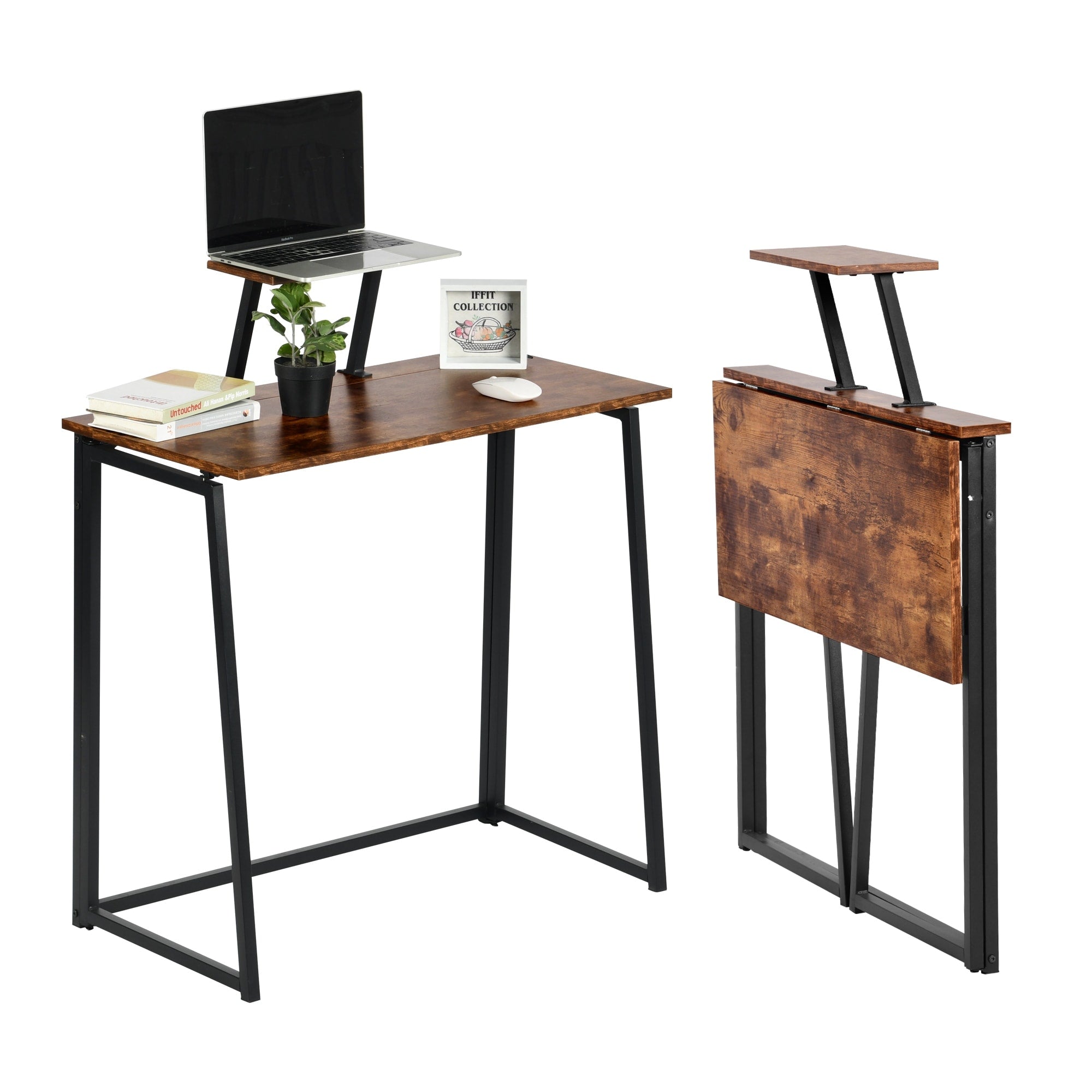 Furniturer 31.5 Folding Writing Desk With Shelf Small Computer Desk With Removable Monitor Stand For Home Office Bedroom