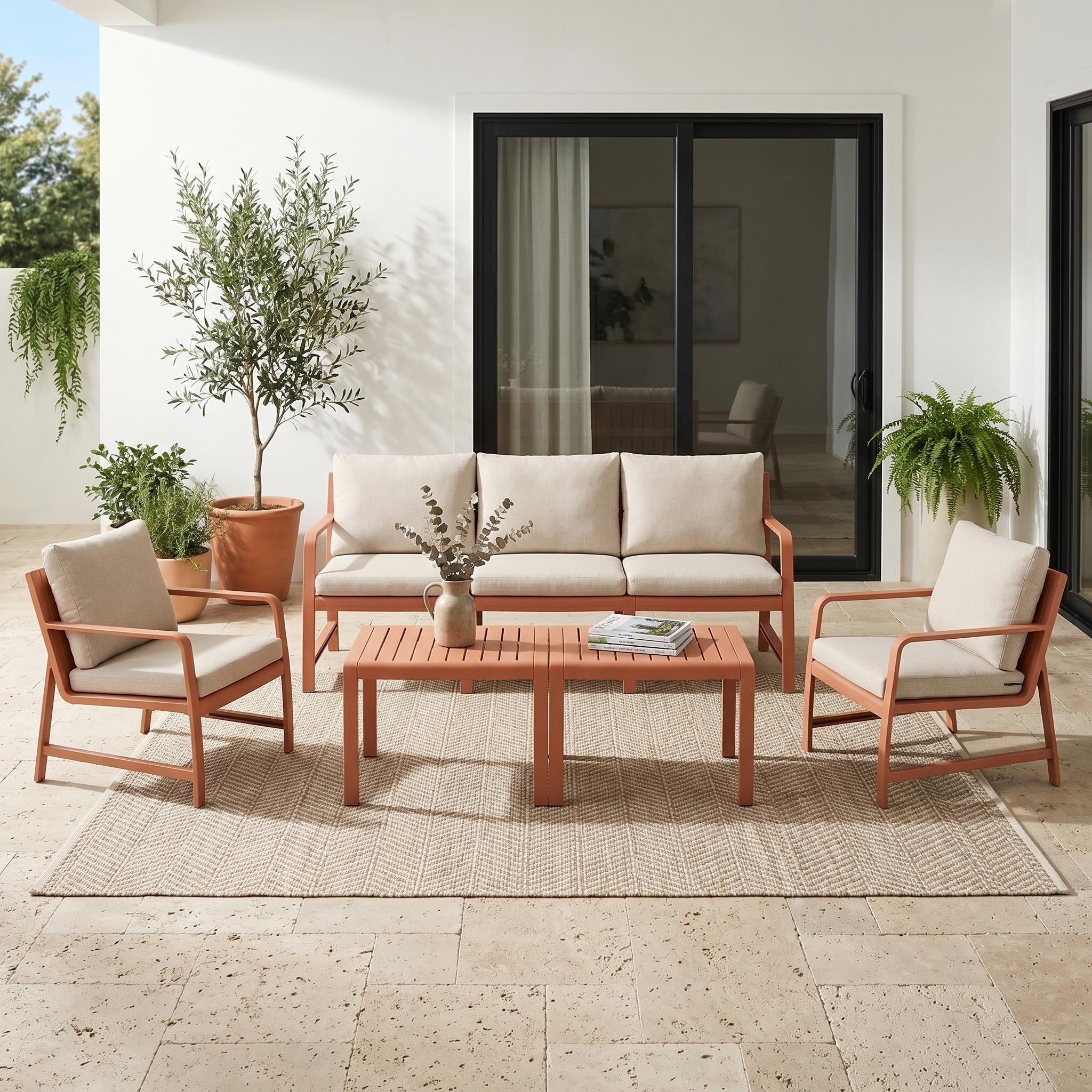 Furniturer 5 Piece Outdoor Patio Conversation Set With 3 Seat Sofa 2 Chairs And 2 Tables Polypropylene