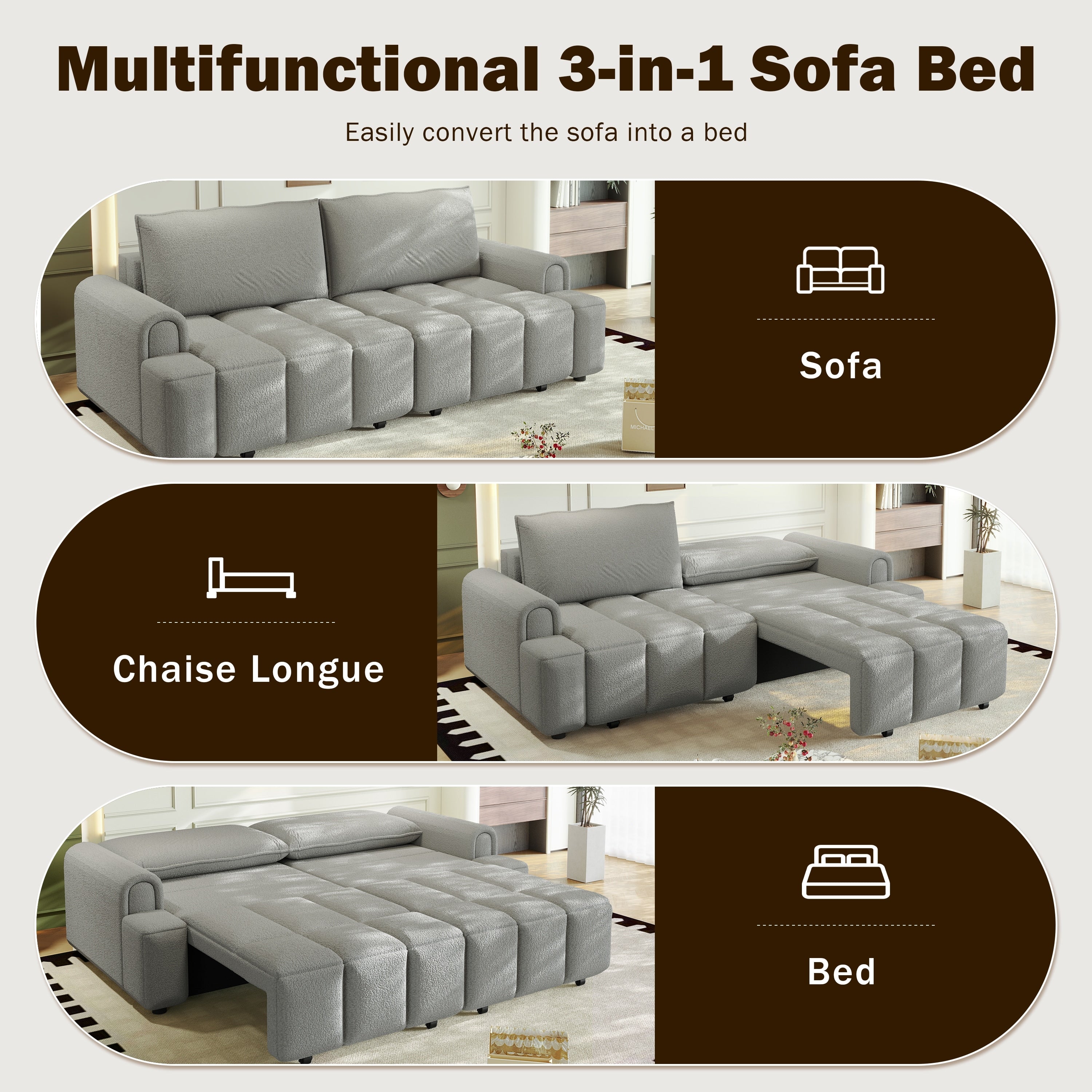 Furniturer 90.2 Teddy Fabric Convertible Sleeper Sofa Bed With Storage 4 Seat Couch Light Grey