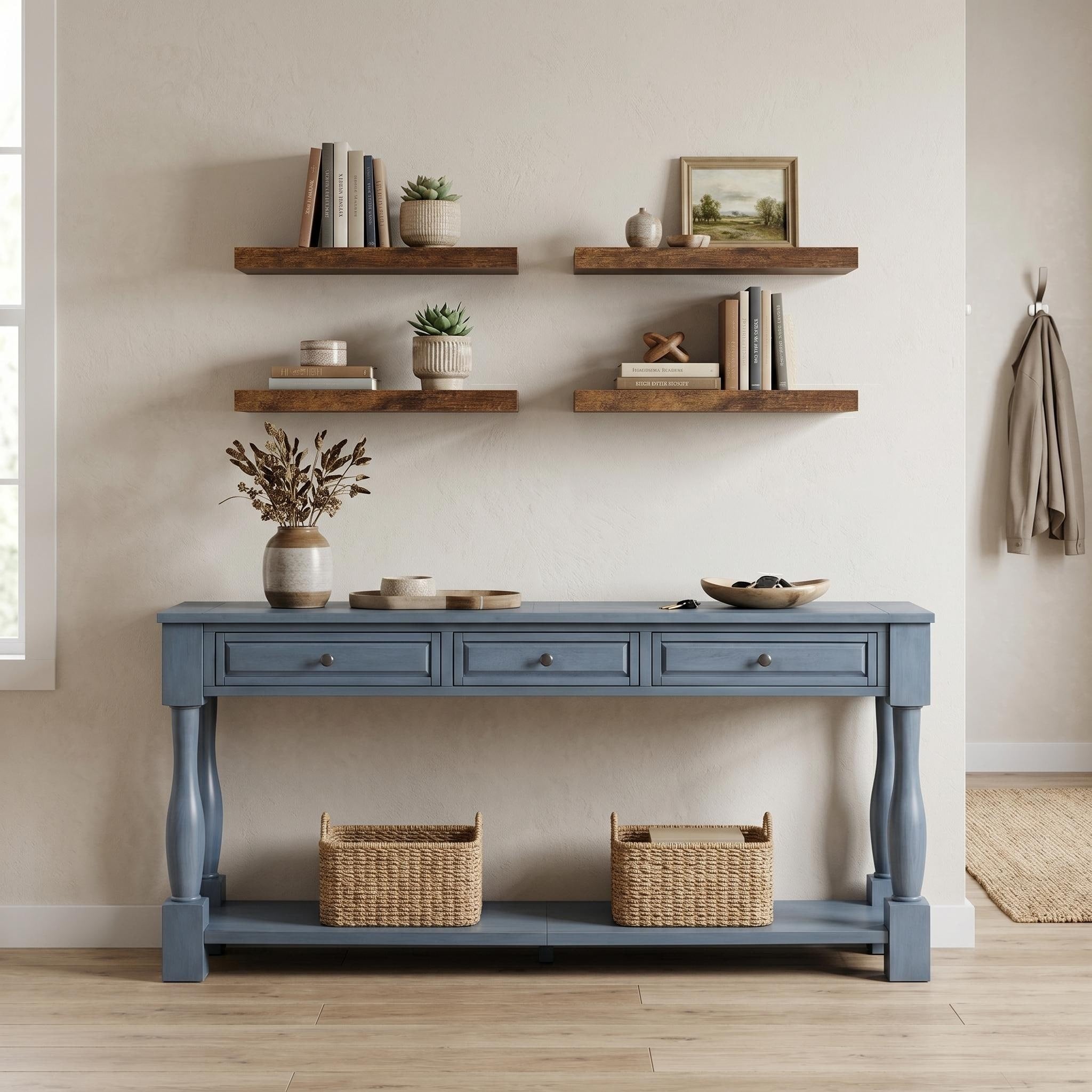 Furniturer Console Table With Floating Shelves Entryway Storage Set