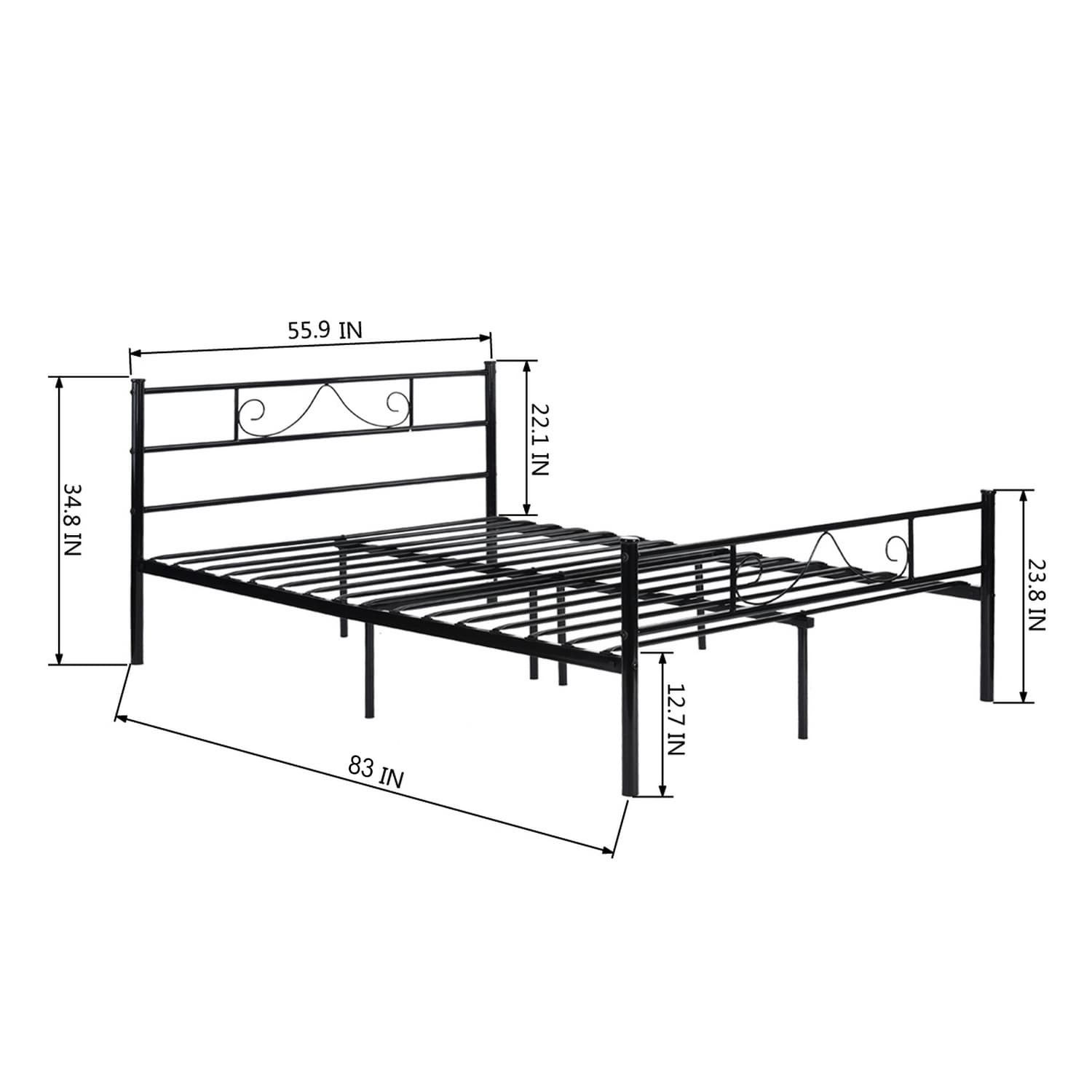 Furniturer Full Size Metal Bed Frame With Headboard Footboard 12 Storage Steel Slats No Box Spring Needed Black