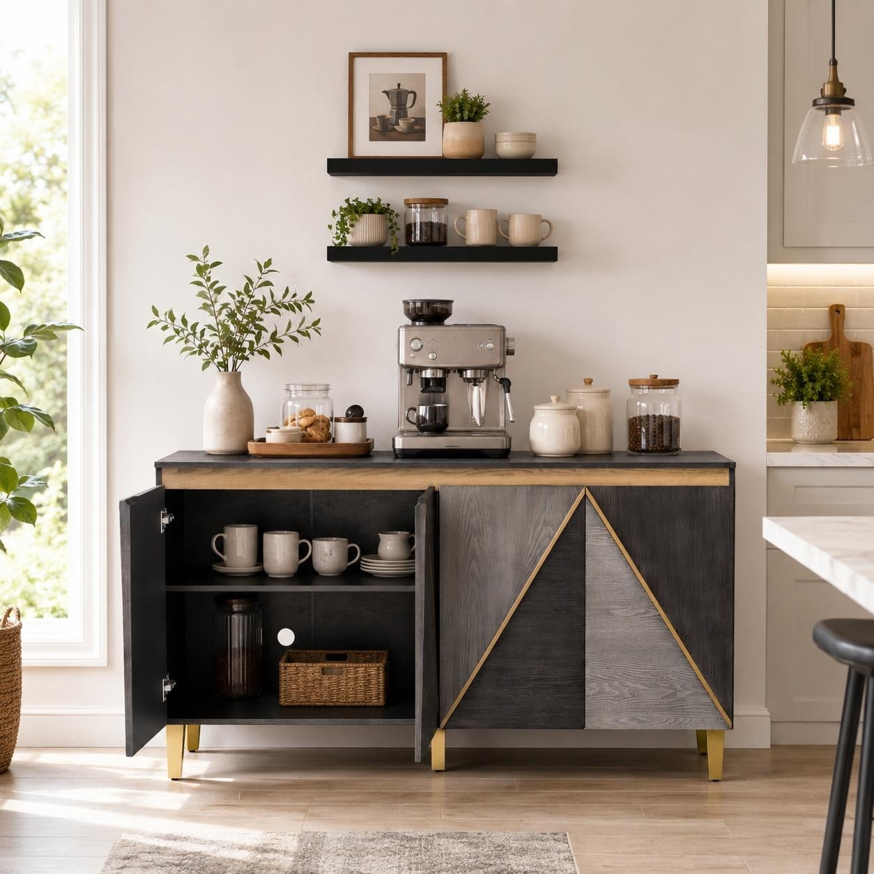Furniturer Gray 4 Door Sideboard Buffet Cabinet With Set Of 2 Black Floating Wall Shelves
