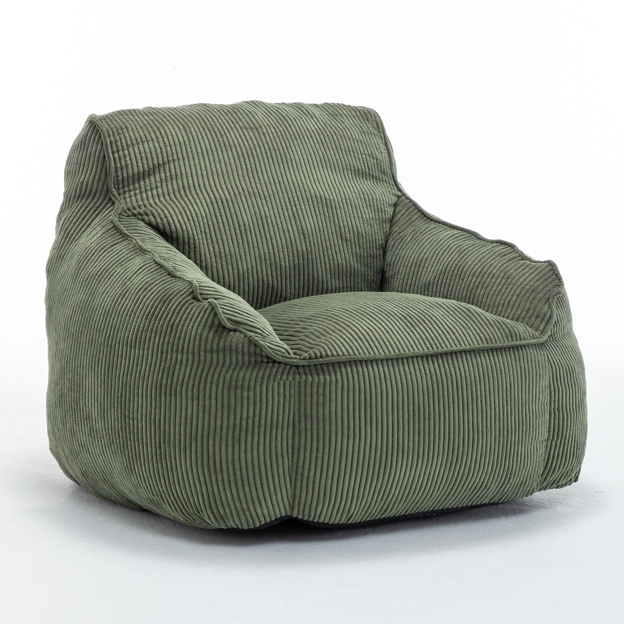 Furniturer Green Corduroy Bean Bag Chair With Armrests Foam Filled Lazy Sofa Chair For Bedroom