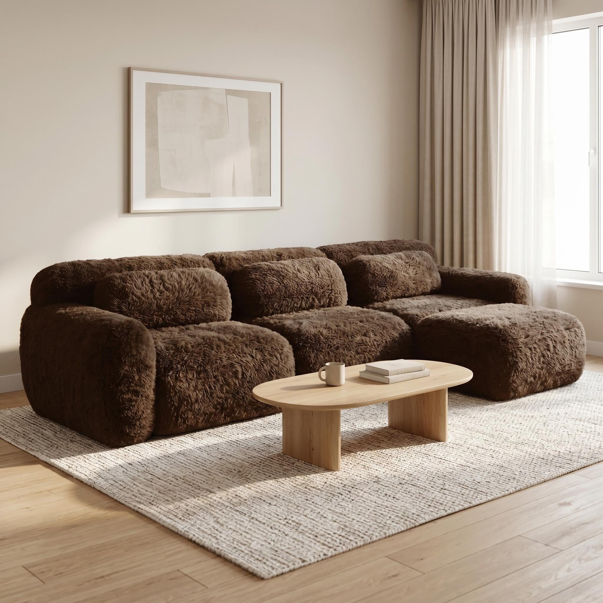 Furniturer L Shaped Plush Sectional Sofa With Ottoman Modular Boneless Couch No Assembly Chocolate
