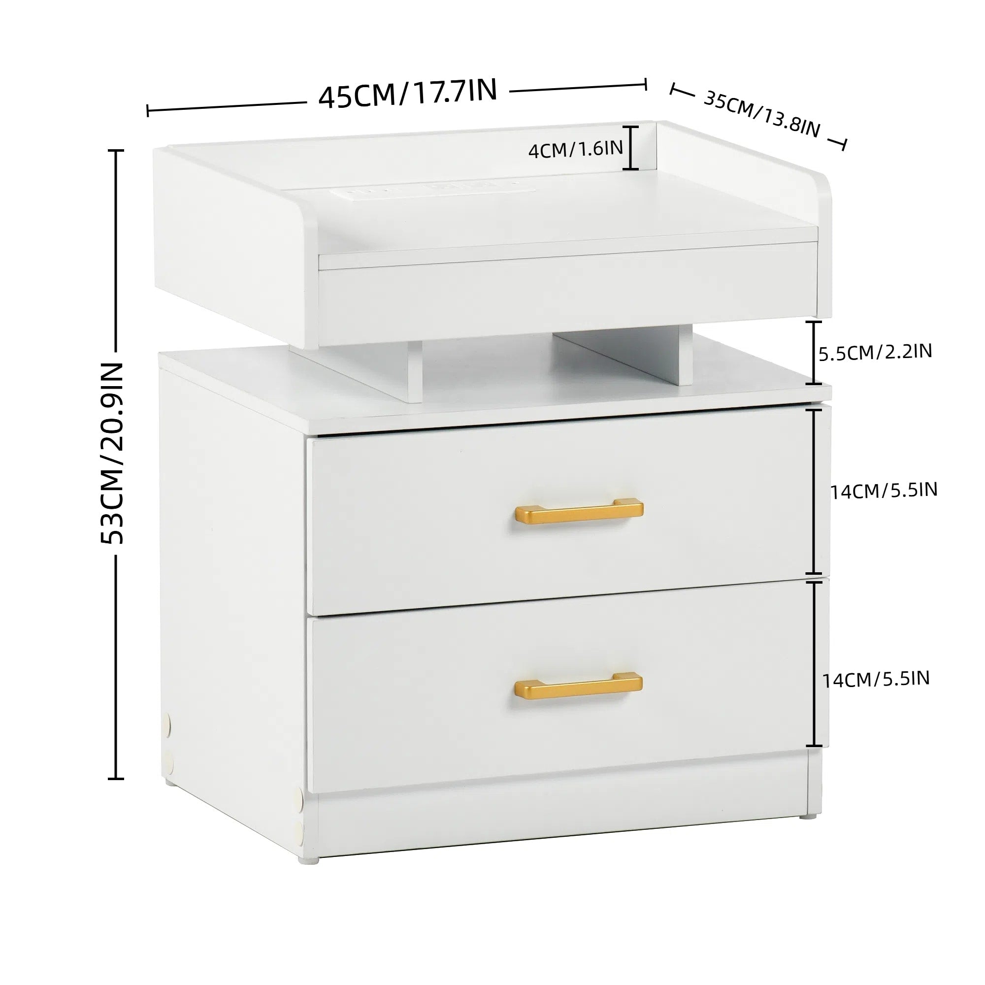Furniturer Led Nightstand With Usb Ports Power Outlets 2 Drawer Bedside Table With Storage Shelf For Bedroom White