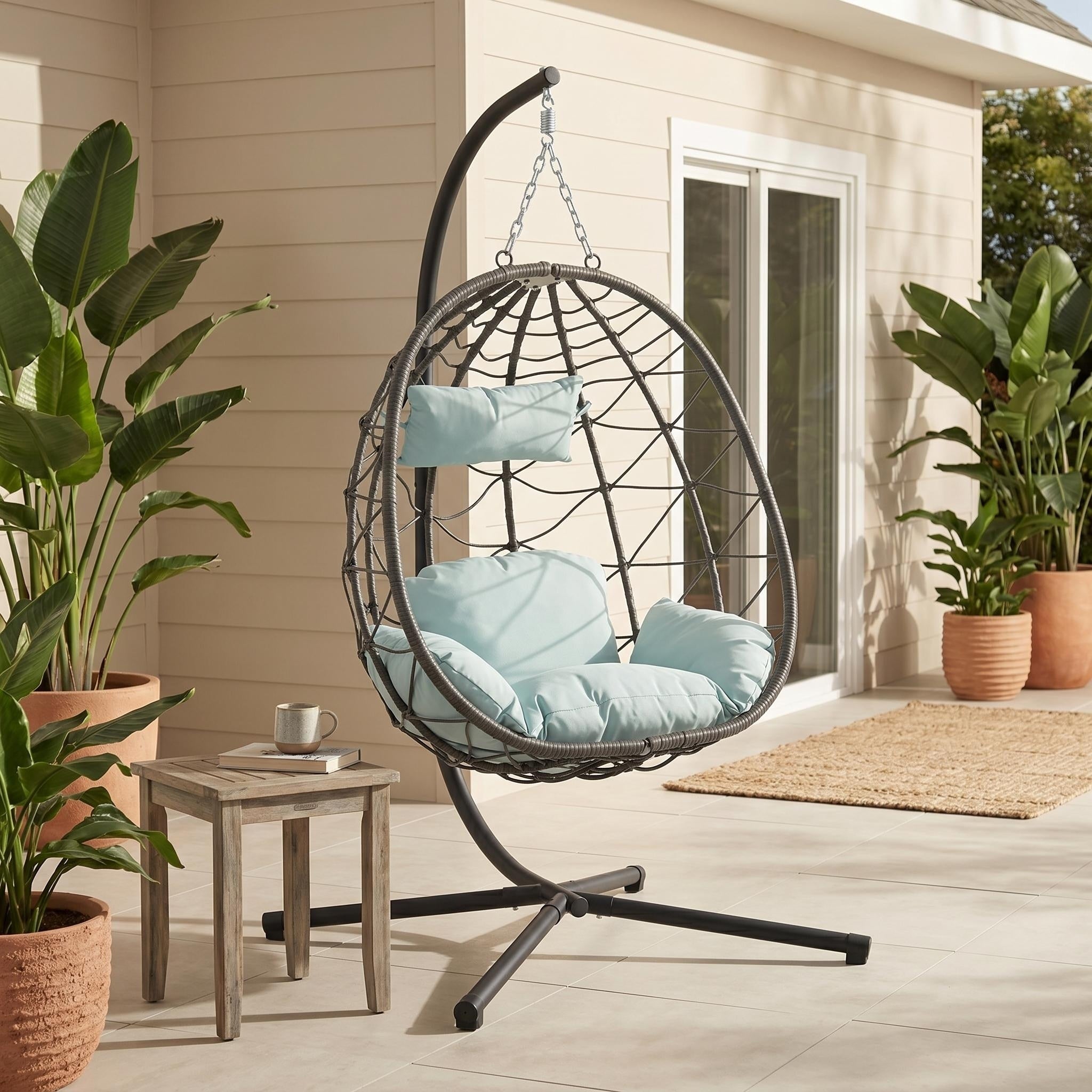 Furniturer Outdoor Wicker Hanging Egg Chair With Stand Cushioned Patio Swing Chair For Indoor Outdoor Gray