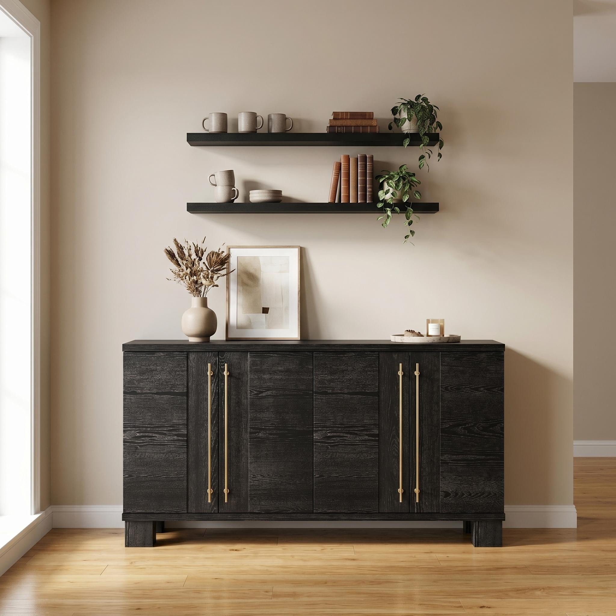 Furniturer Sideboard With Floating Shelves Black Storage Set