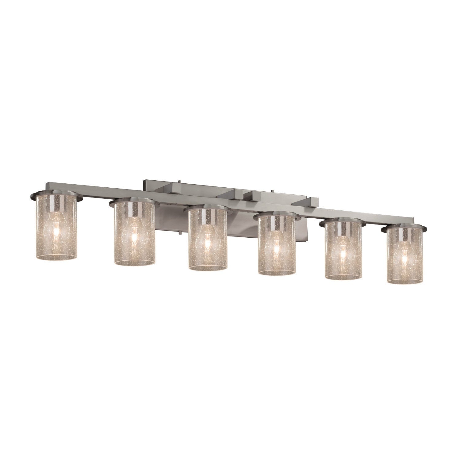 Fusion Dakota 6 Light Brushed Nickel Bath Bar Seeded Cylinder W Flat Rim Shade