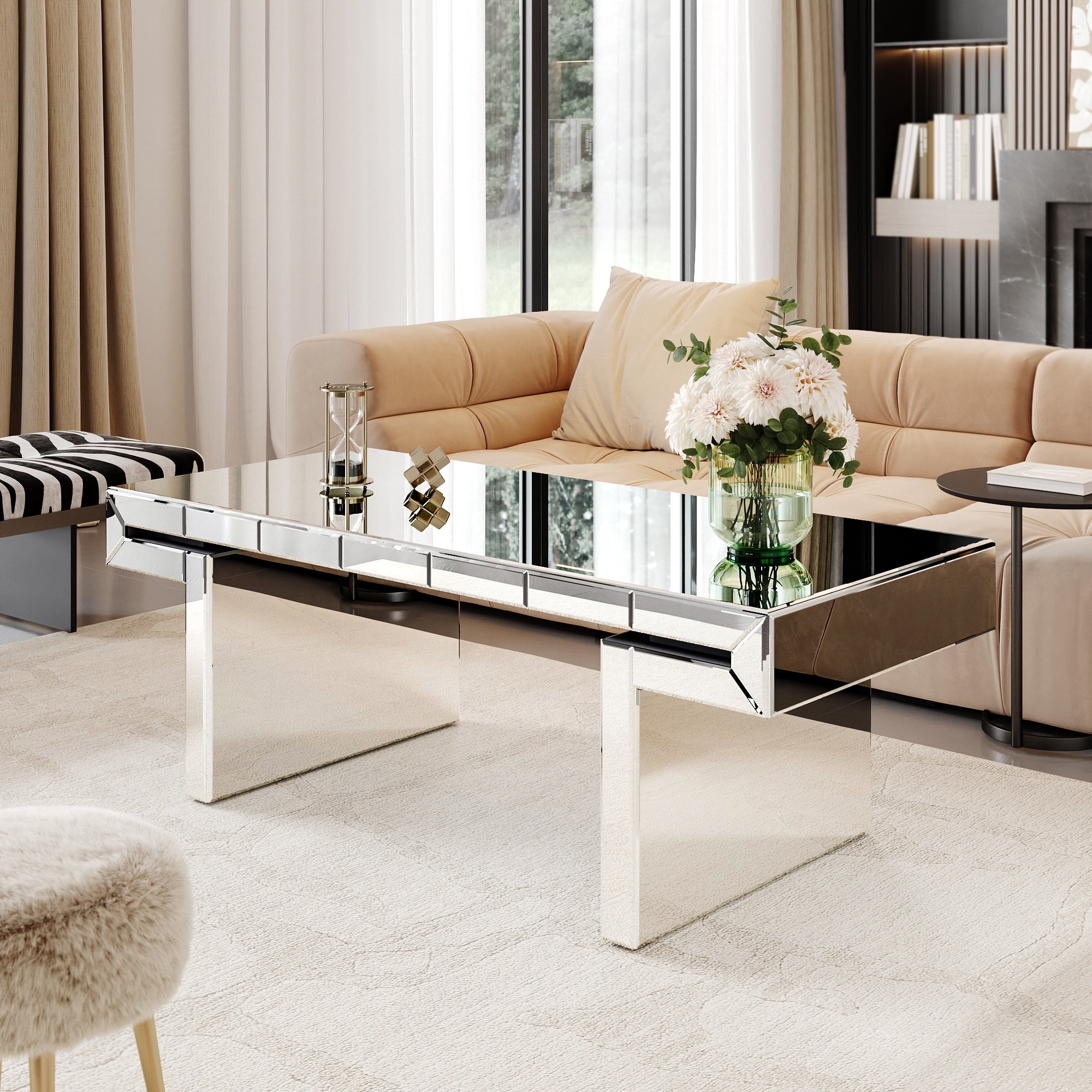Gdf Studio Art Deco Mirrored Rectangular Coffee Table With Tempered Glass