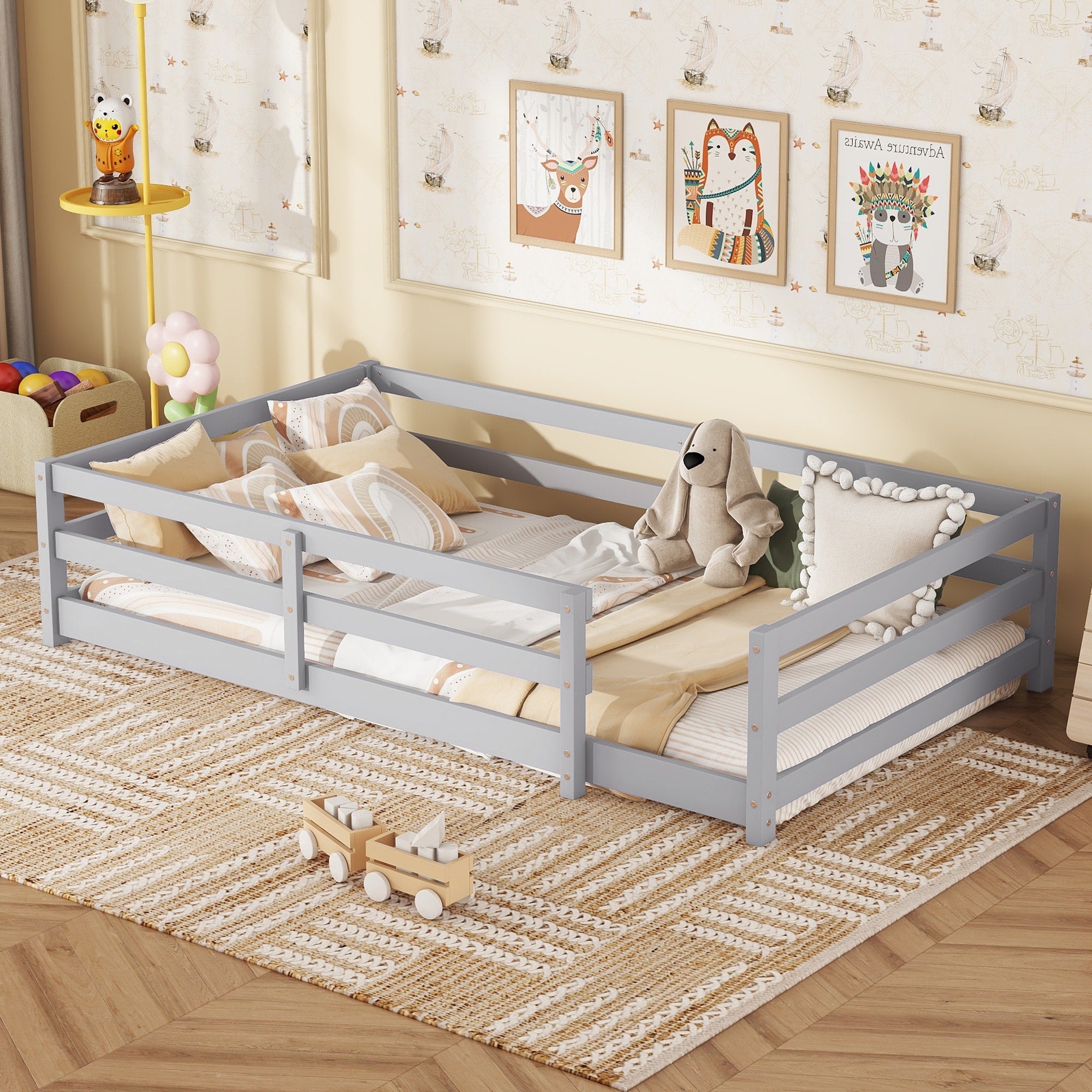 Gdf Studio Helton Montessori Wooden Floor Bed With Fence For Kids