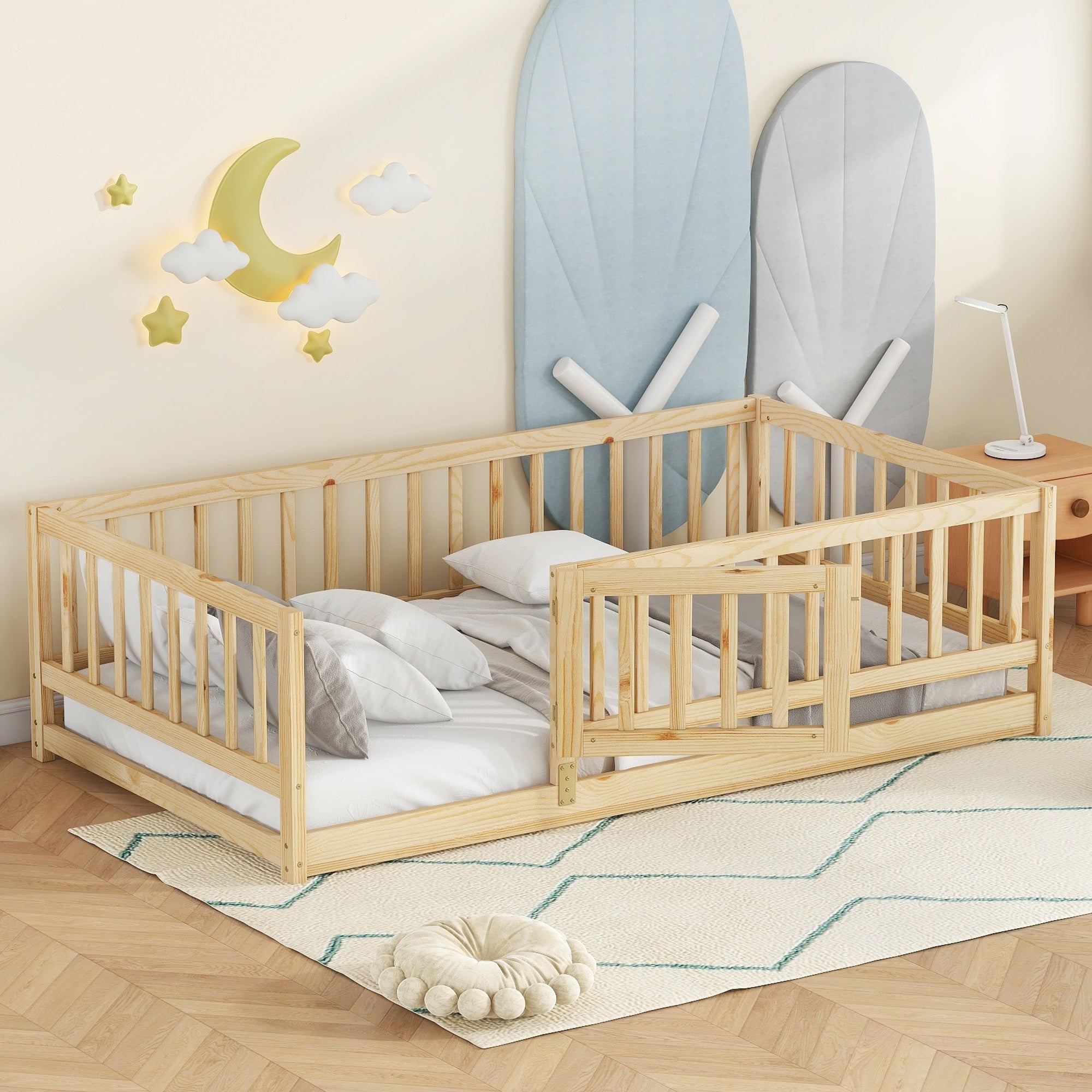 Gdf Studio Maeve Montessori Wooden Floor Bed With Fence Door And Slatted Support