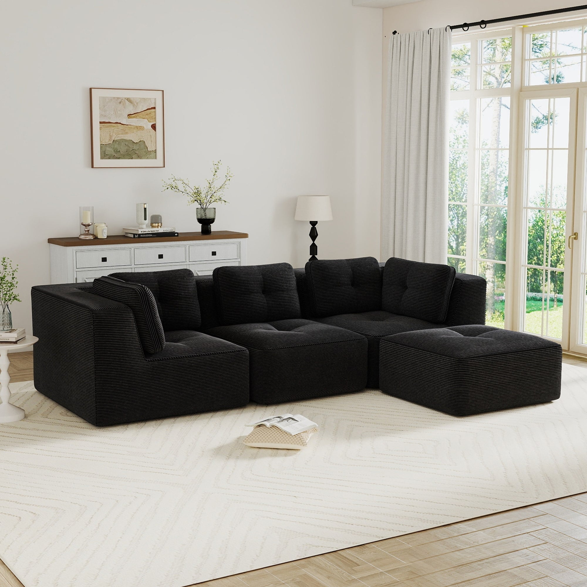 Gdfstudio 116.9 3 Seater Corduroy Modular Sectional Sofa With Movable Ottoman Soft Upholstery For Living Room