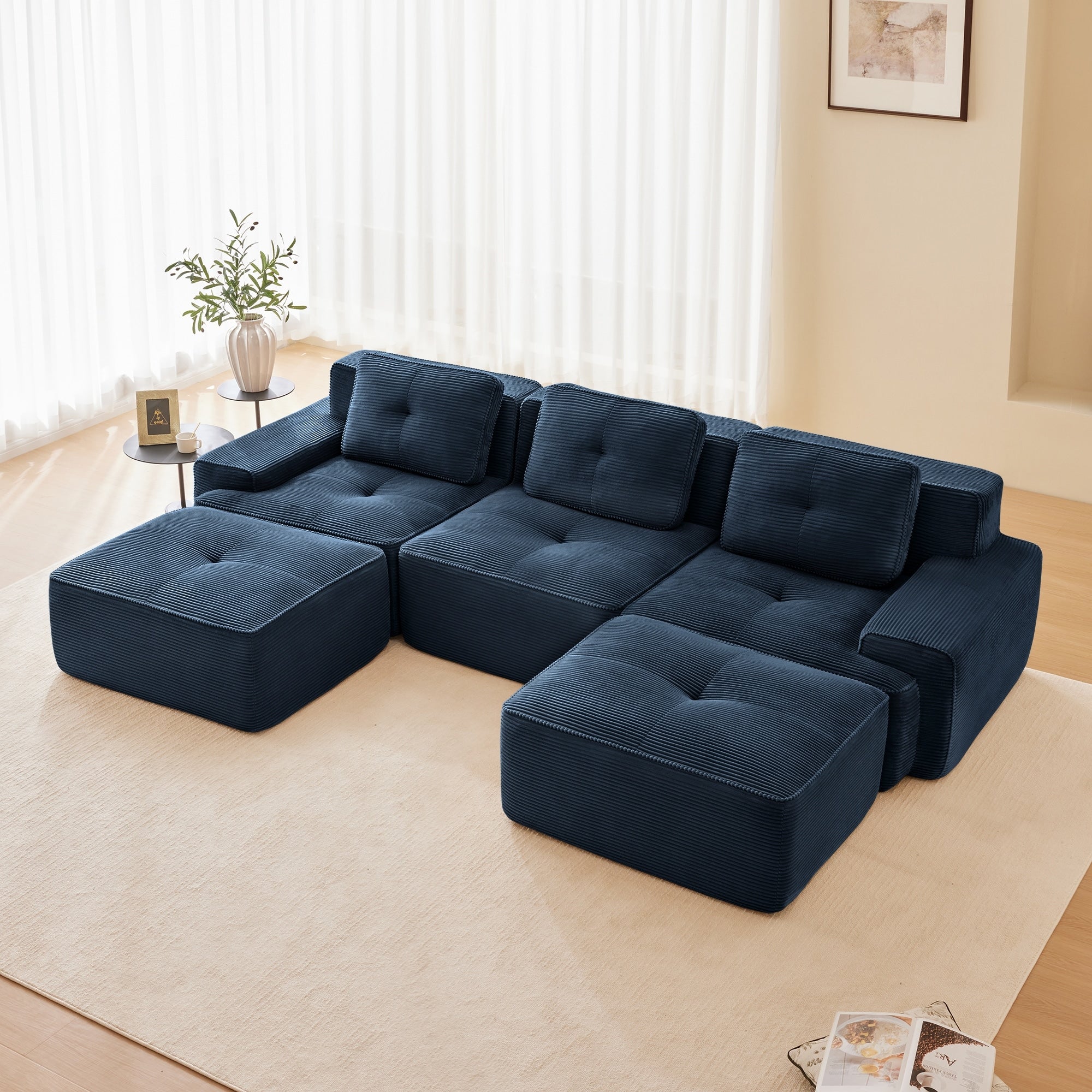 Gdfstudio 117 3 Seater U Shaped Corduroy Modular Sofa With Movable Ottoman Ergonomic Deep Seat For Living Room