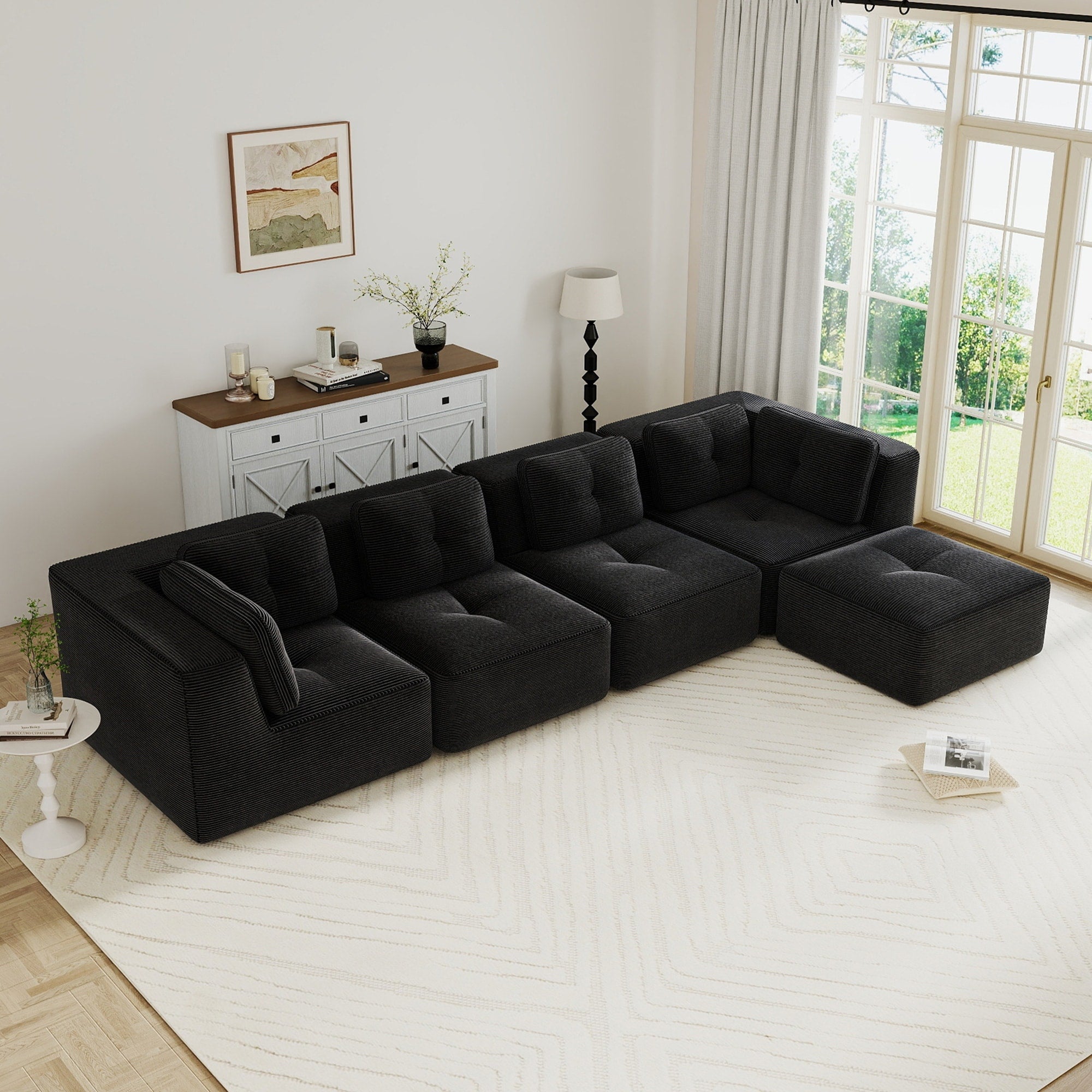 Gdfstudio 151.9 4 Seater Corduroy Modular Sectional Sofa With Movable Ottoman Soft Upholstery For Living Room
