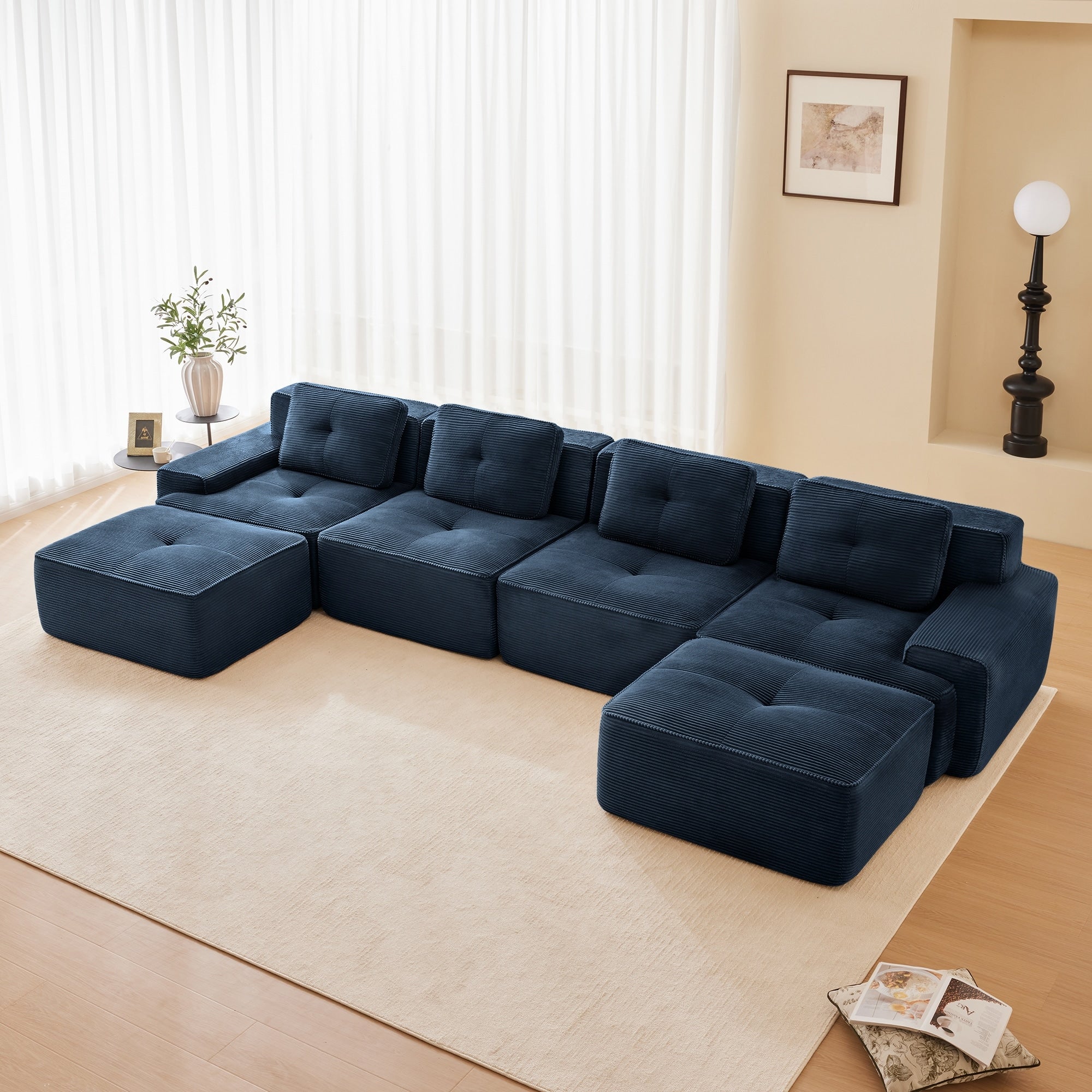 Gdfstudio 153 4 Seater U Shaped Corduroy Modular Sofa With 2 Movable Ottomans Ergonomic Deep Seat For Living Room