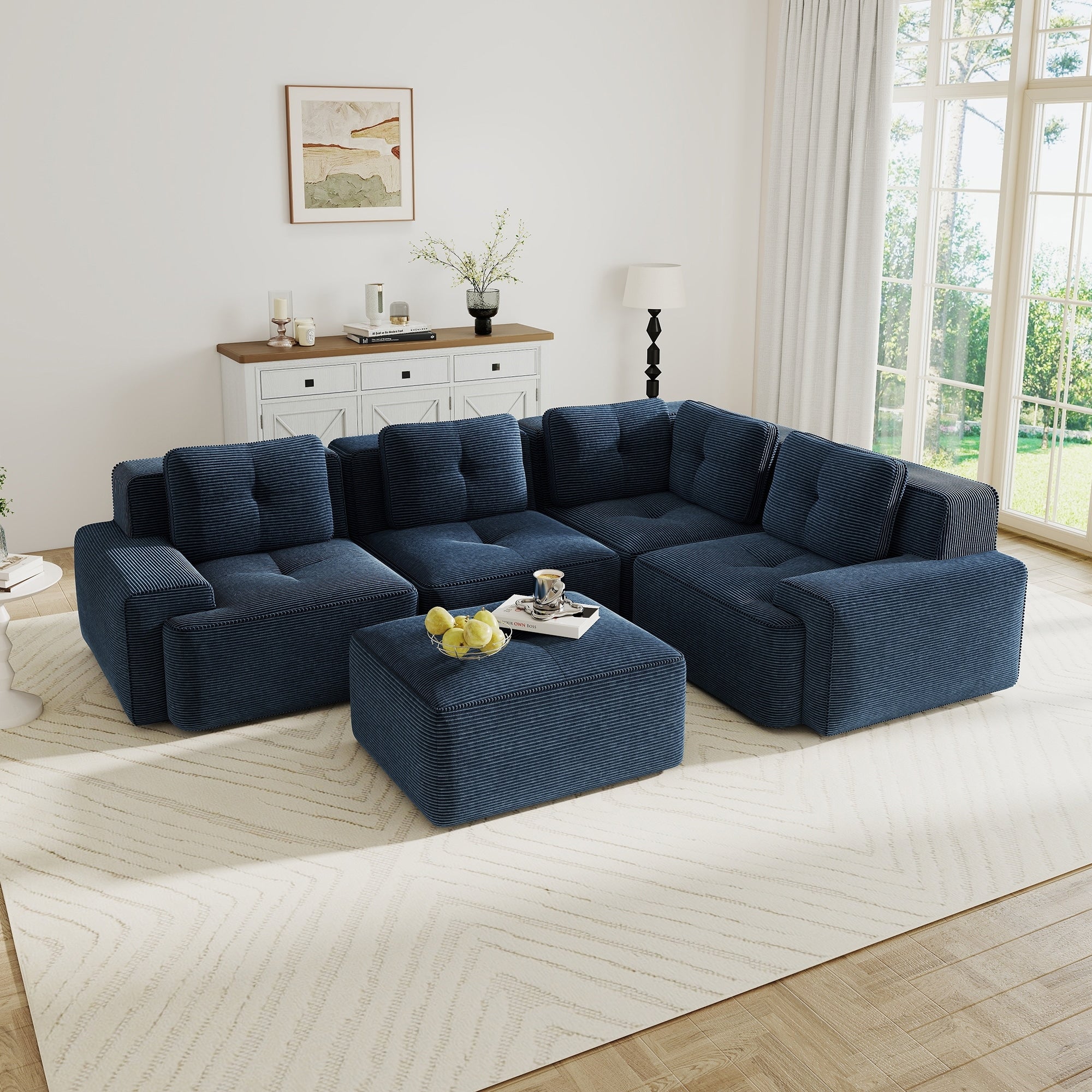 Gdfstudio 4 Seater 116.9 U Shaped Corduroy Modular Sectional Sofa With Movable Ottoman Deep Seat