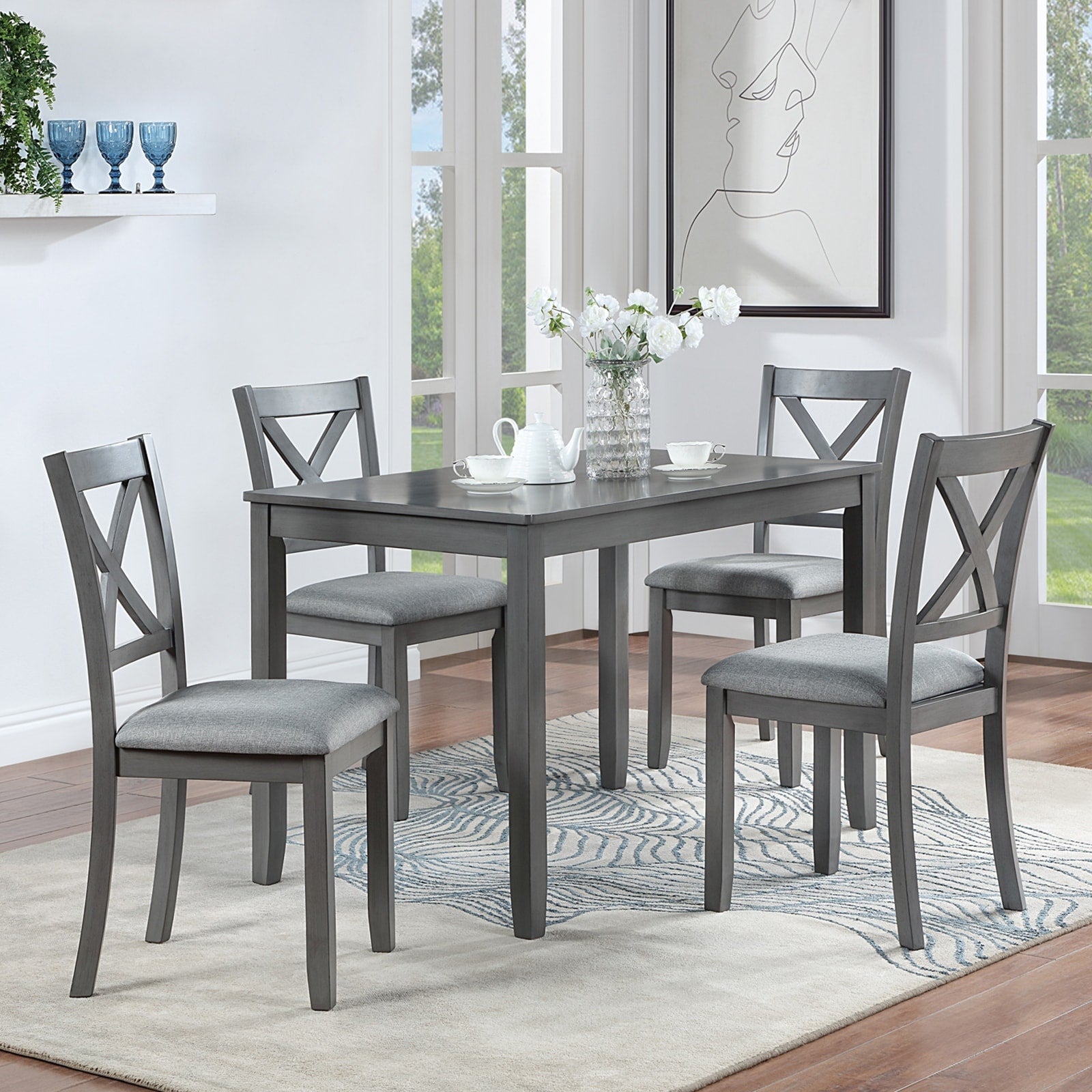 Gdfstudio 5 Piece Gray Farmhouse Wooden Dining Table With Upholstered Chairs And Space Saving Rectangular Kitchen Table