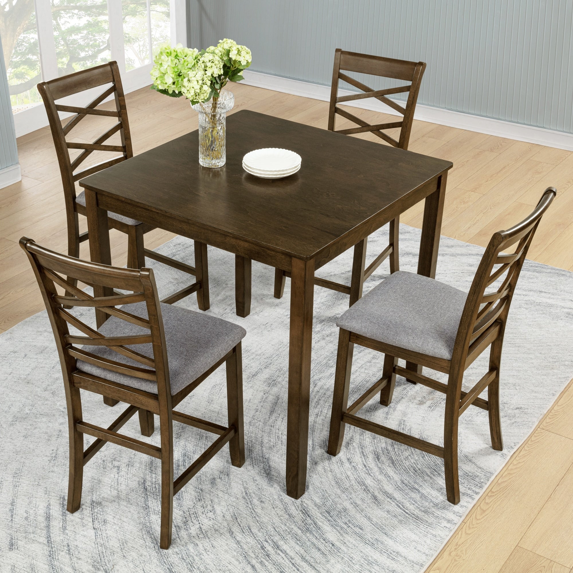 Gdfstudio 5 Piece Walnut Wooden Counter Height Dining Set With Upholstered Cross Back Chairs And Square Space Saving Table