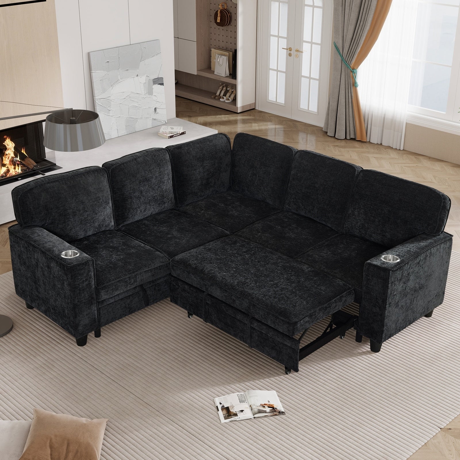Gdfstudio 5 Seat Sectional L Shaped Sofa With Pull Out Sleeper Bed Storage Cup Holder Usb Charging 81 W