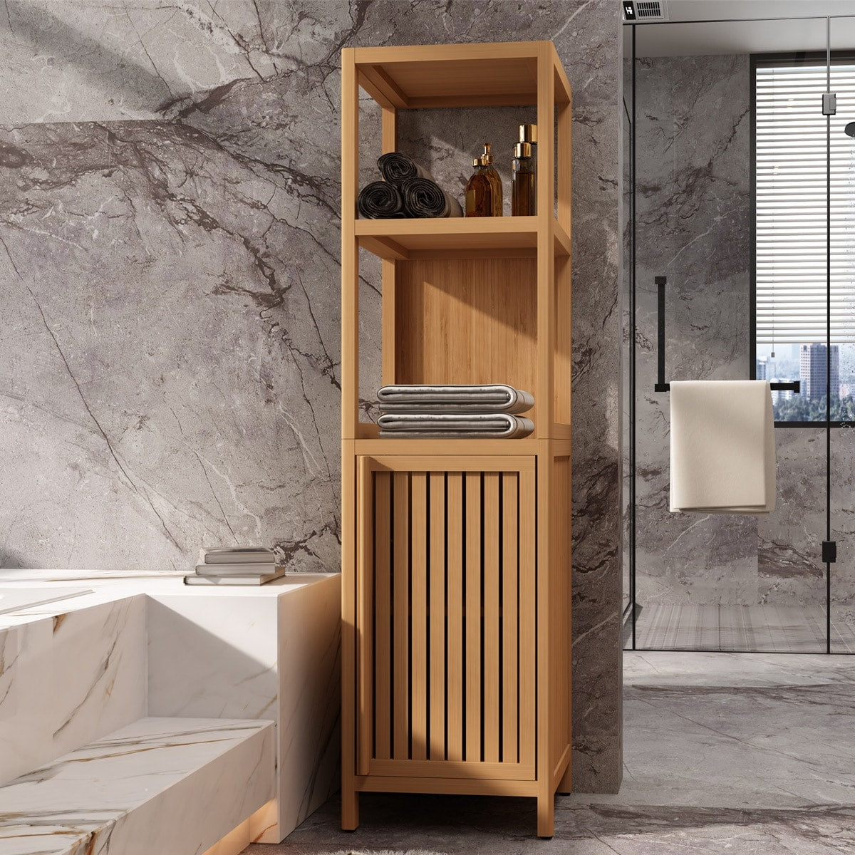 Gdfstudio 52 Tall Large Capacity Multi Functional Bamboo Linen Tower Storage Cabinet With Open Shelves Door Cabinet