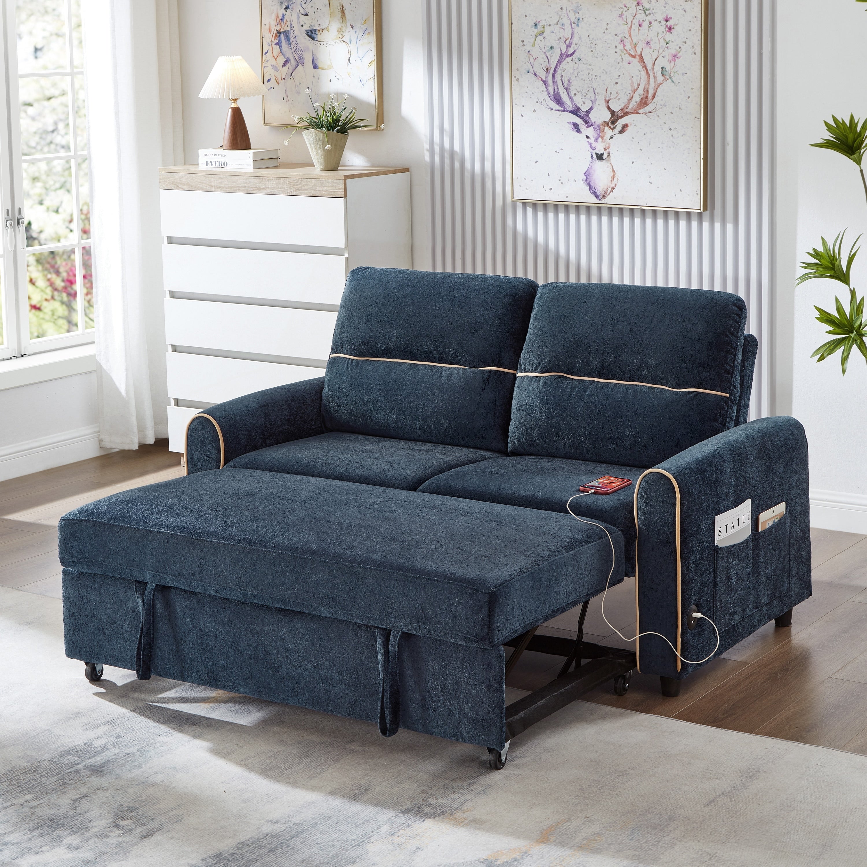 Gdfstudio 58 Chenille Convertible Sleeper Sofa With Usb