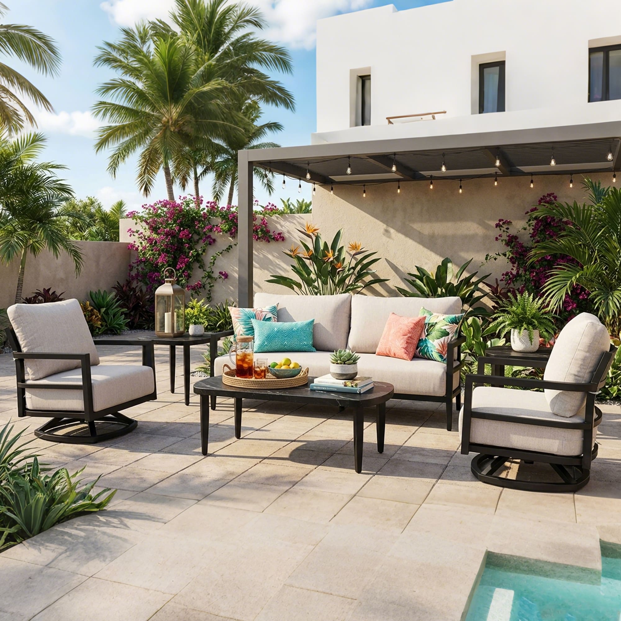 Gdfstudio 6 Piece Aluminum Patio Conversation Set With 360 Swivel Chairs Sintered Stone Tables Sunbrella Cushions