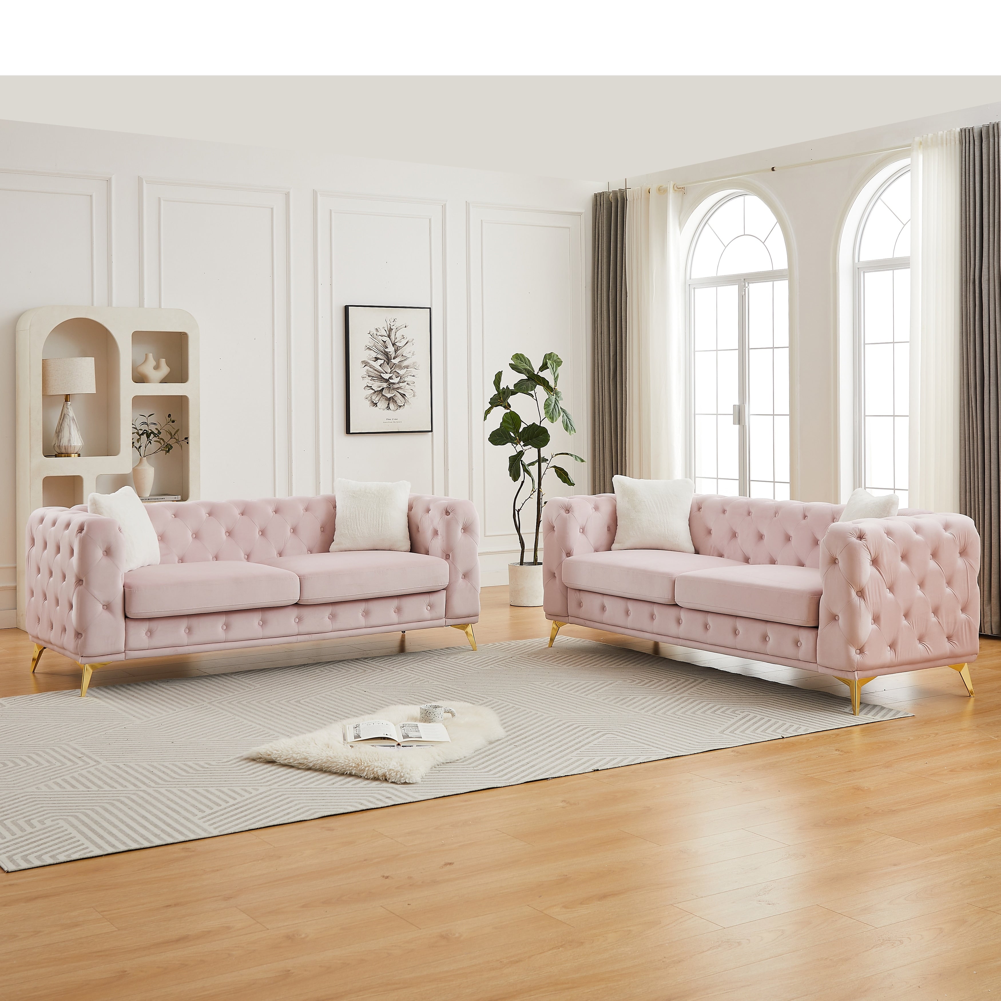 Gdfstudio 6 Seat Pine Wood Frame Velvet Soft Sofa With Metal Legs Tufted Details For Living Room Office