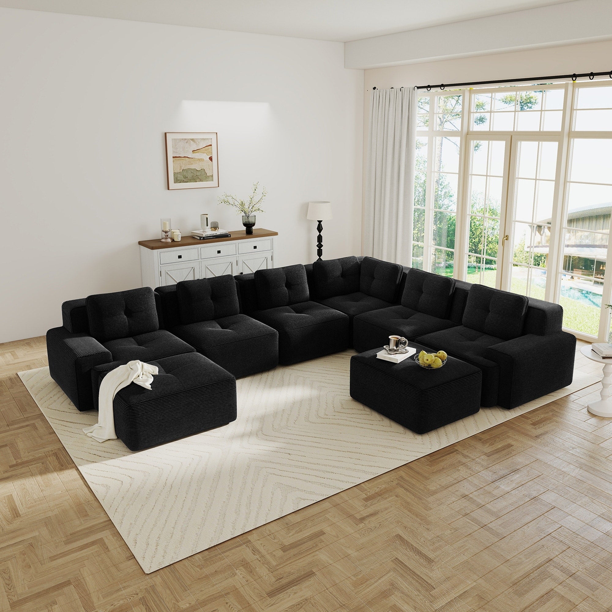 Gdfstudio 6 Seater Corner Corduroy Modular Sectional Sofa With 2 Movable Ottomans Ergonomic Deep Seat