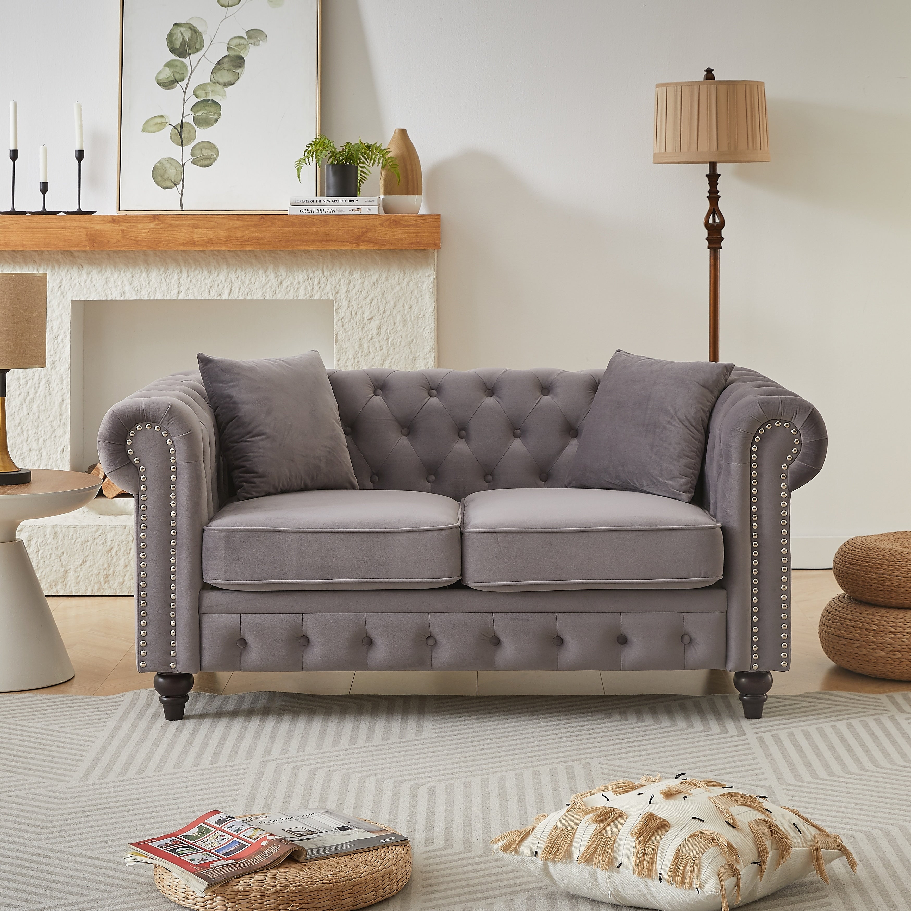 Gdfstudio 63.5 2 Seat Pine Wood Velvet Chesterfield Loveseat Sofa With Tufted Button Nail Arm Design