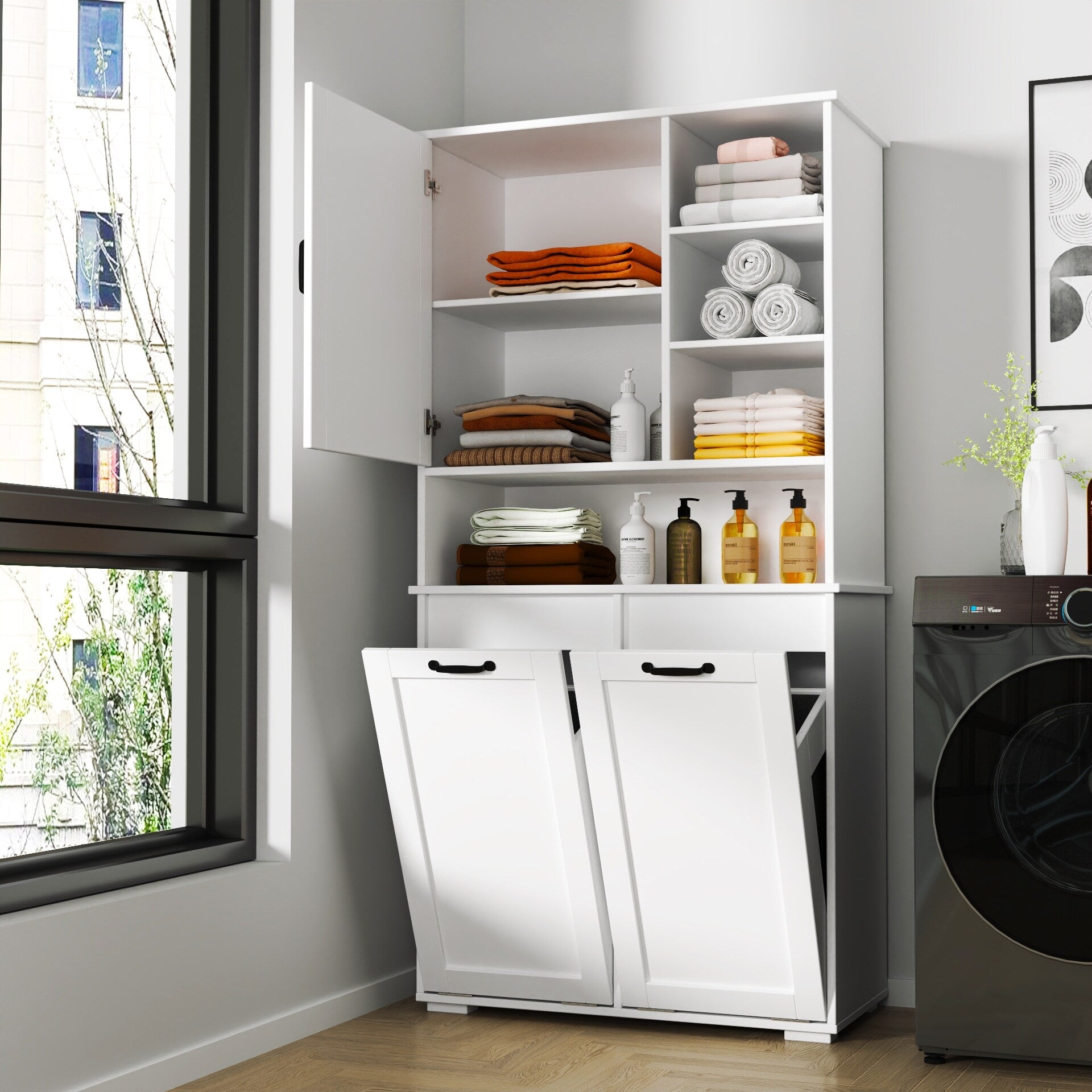 Gdfstudio 63 Freestanding Laundry Storage Cabinet With Tilt Out Hampers 4 Layer Open Adjustable Shelving Open Shelf