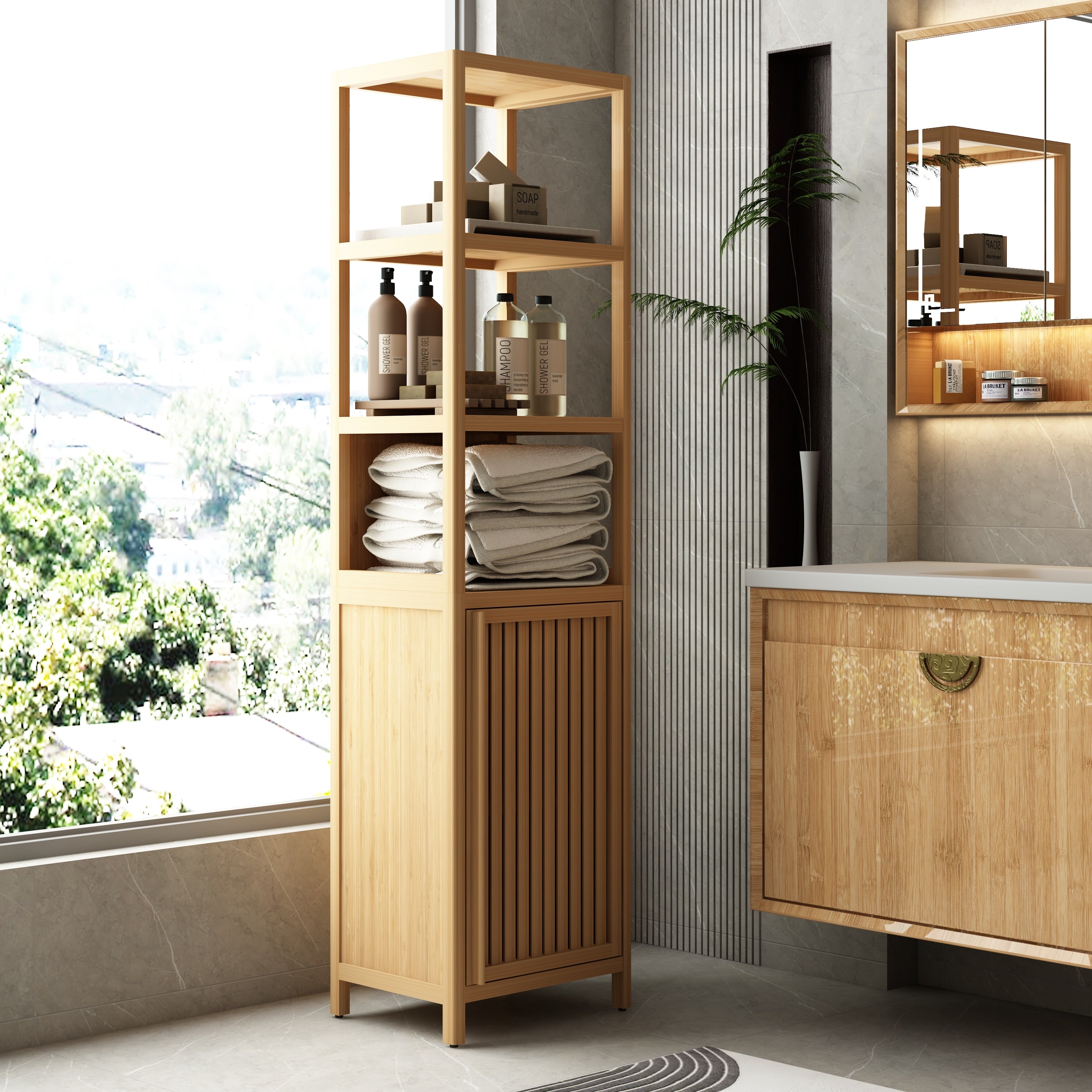 Gdfstudio 64.7 Tall Slim Freestanding Bamboo Linen Tower Organizer Storage Cabinet With Shutter Door And 3 Tier Open Shelves