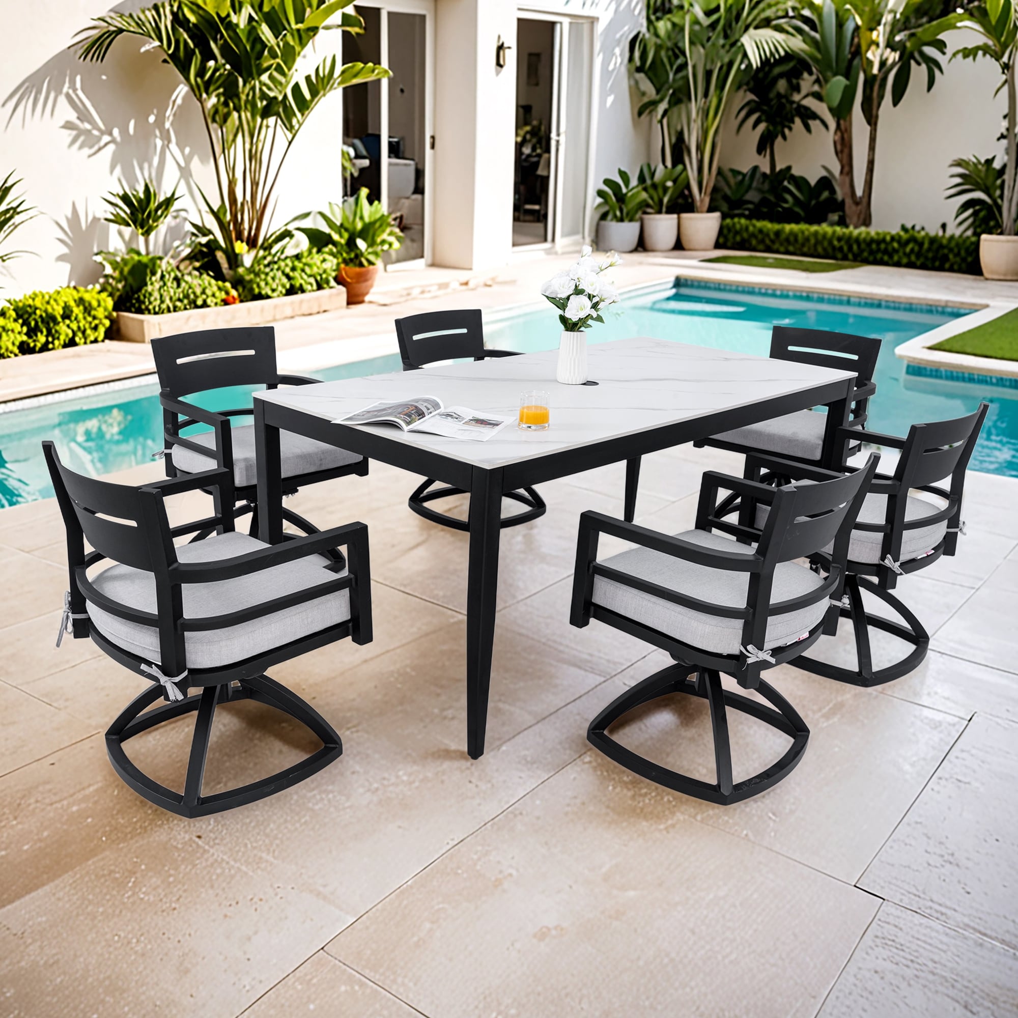 Gdfstudio 7 Piece Outdoor Aluminum Dining Set With Rectangular Sintered Stone Table 6 Swivel Rockers Soft Cushions