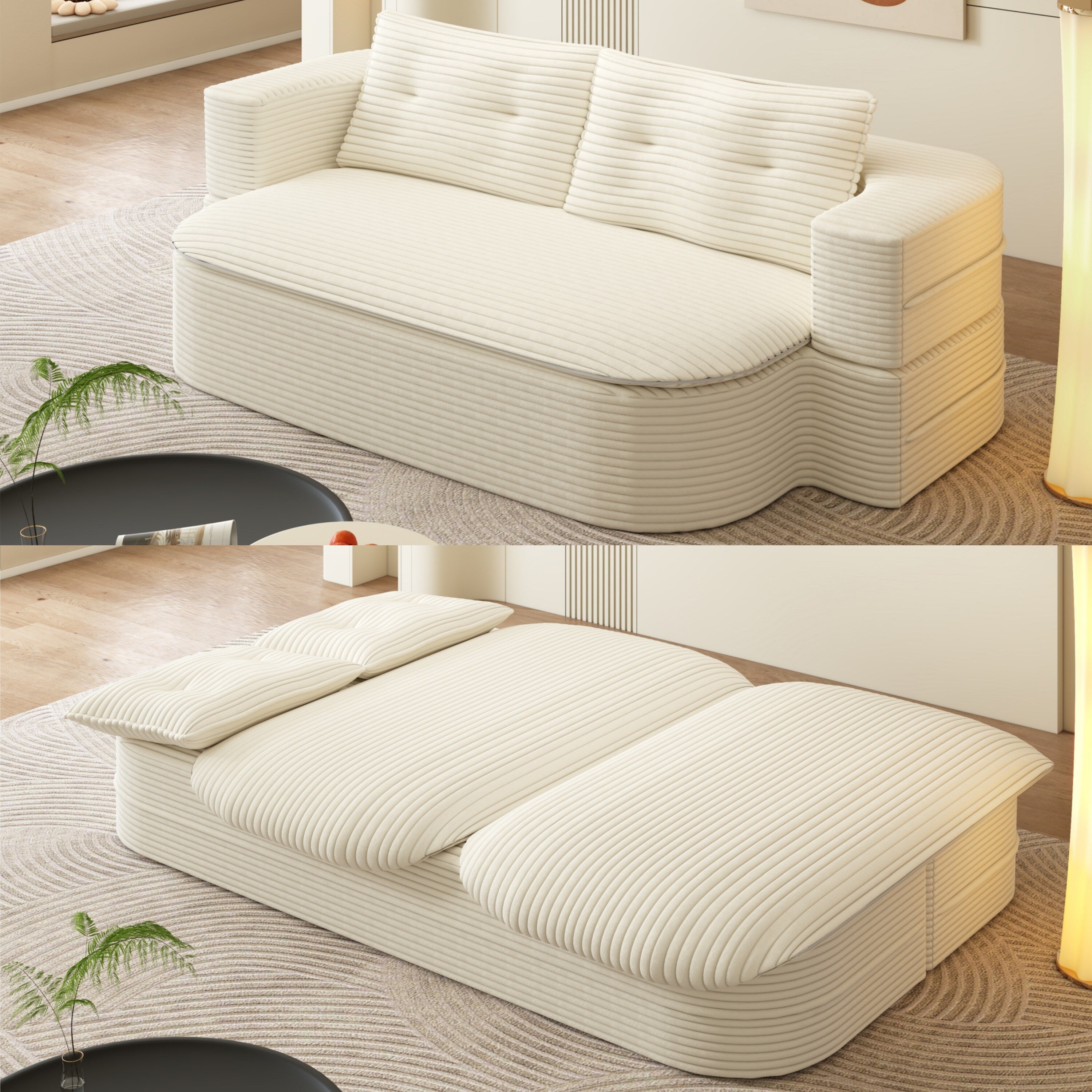 Gdfstudio 78.7 Modern 2 In 1 Plush Corduroy Tufted Upholstered Convertible Foldable Sleeper Sofa Bed With Blanket 2 Pillows