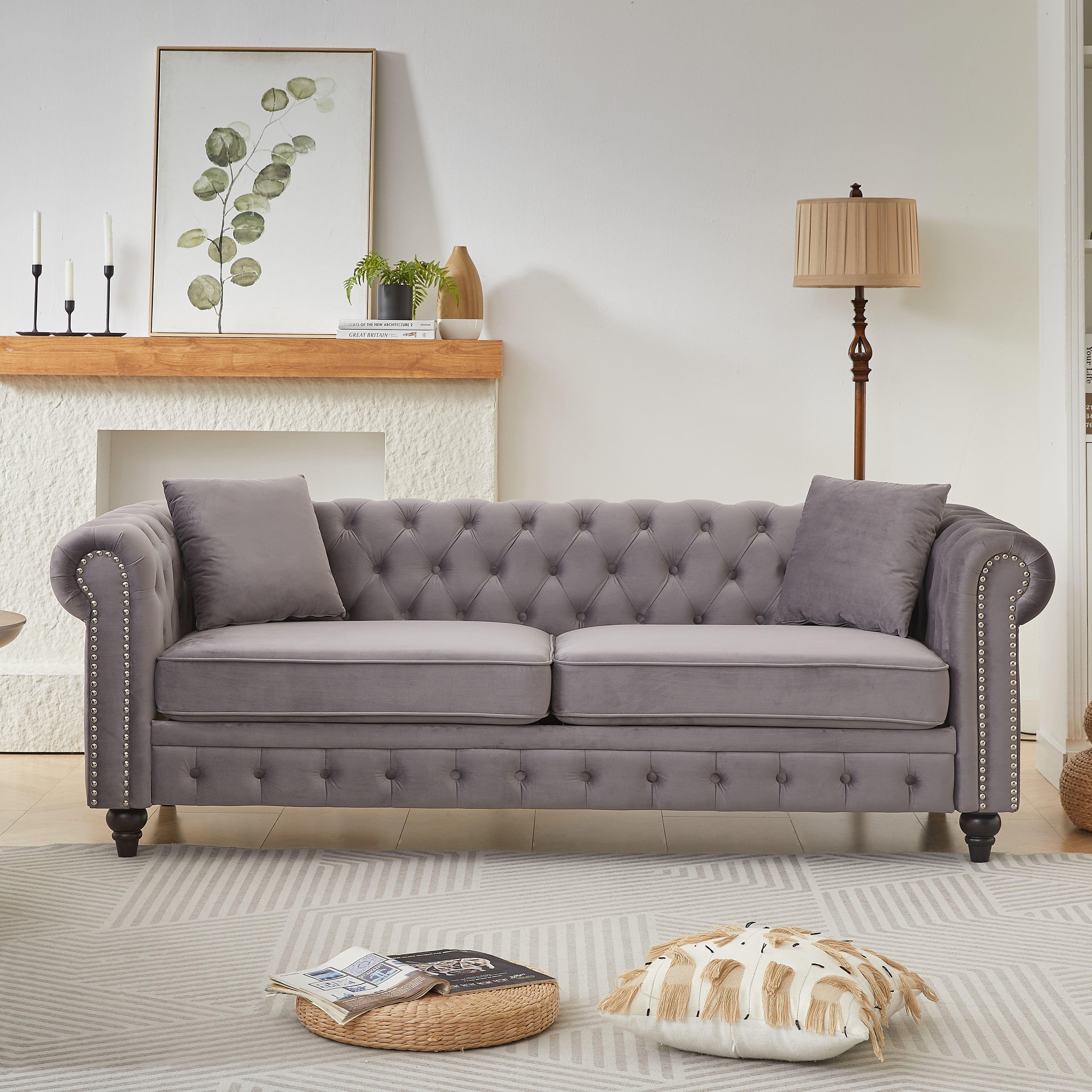 Gdfstudio 85.5 3 Seat Velvet Chesterfield Sofa With Rolled Arms Button Tufted Design