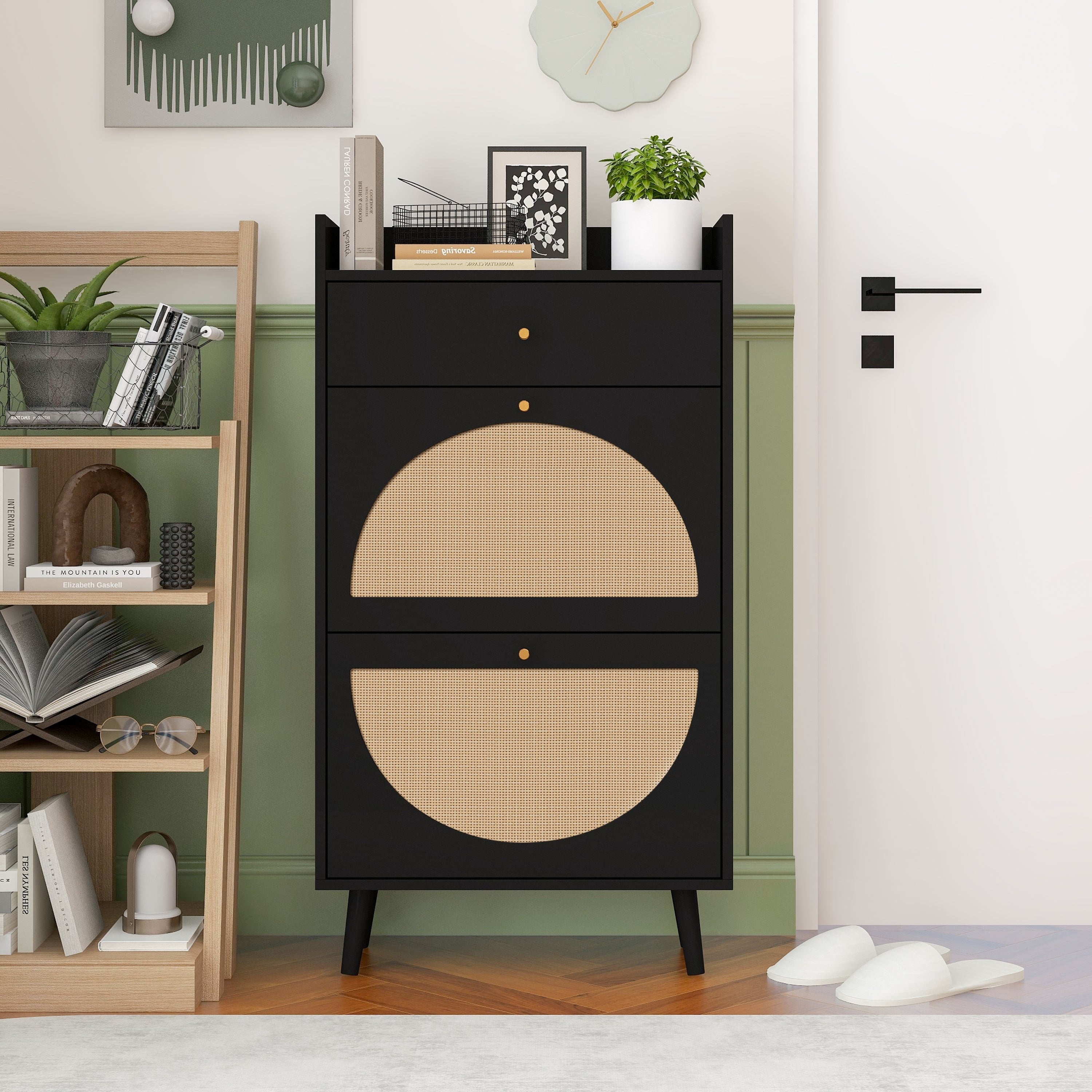 Gdfstudio Allen Natural Rattan Entryway Shoe Cabinet With 2 Doors And 1 Drawer