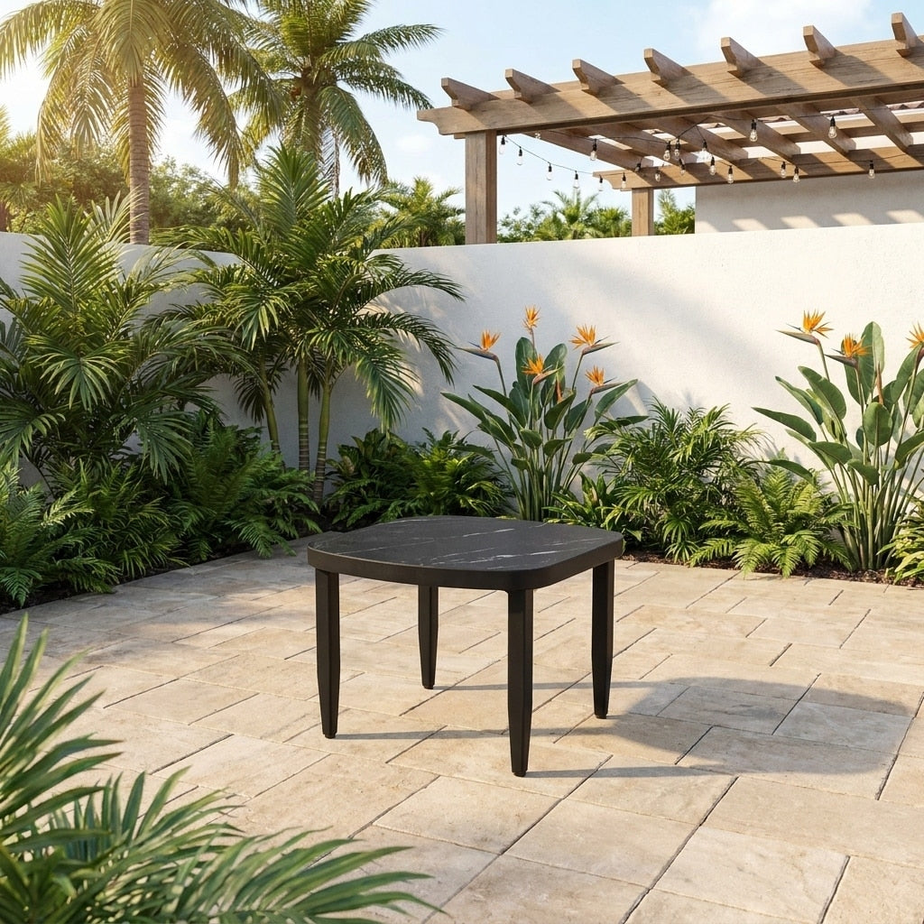 Gdfstudio Aluminum Outdoor Patio Side Table With Sintered Stone Top Rounded Corners
