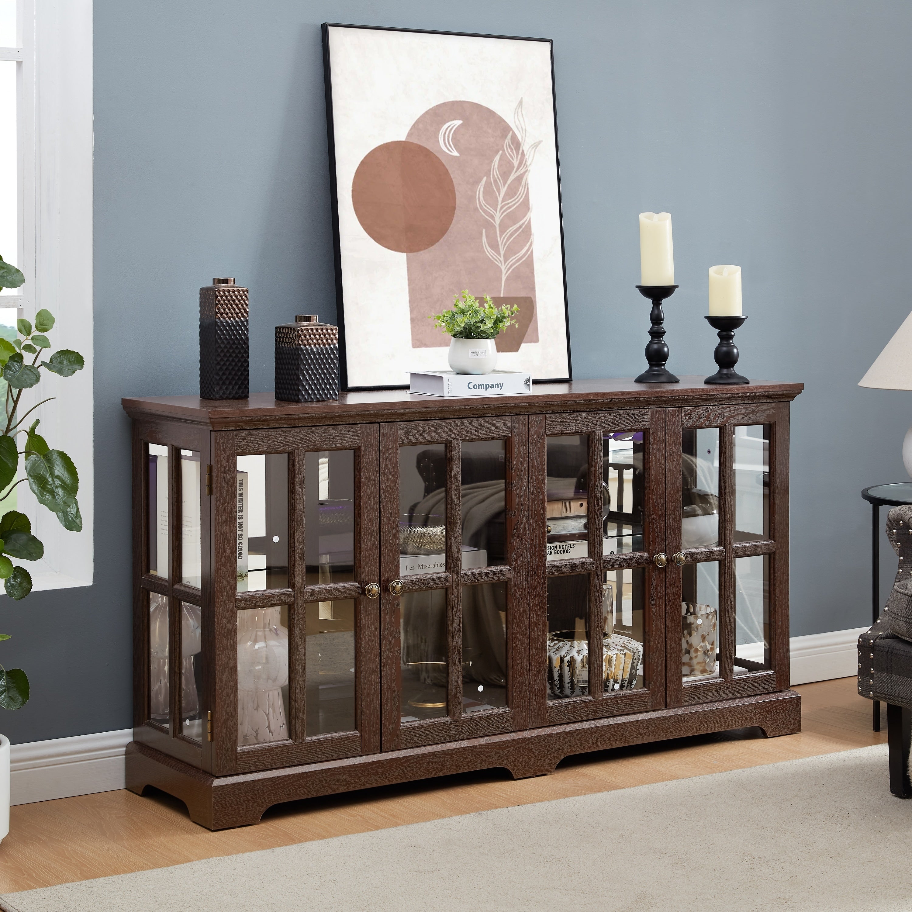 Gdfstudio American Traditional Led Glass Curio Display Cabinet With Adjustable Shelves And Four Door Storage