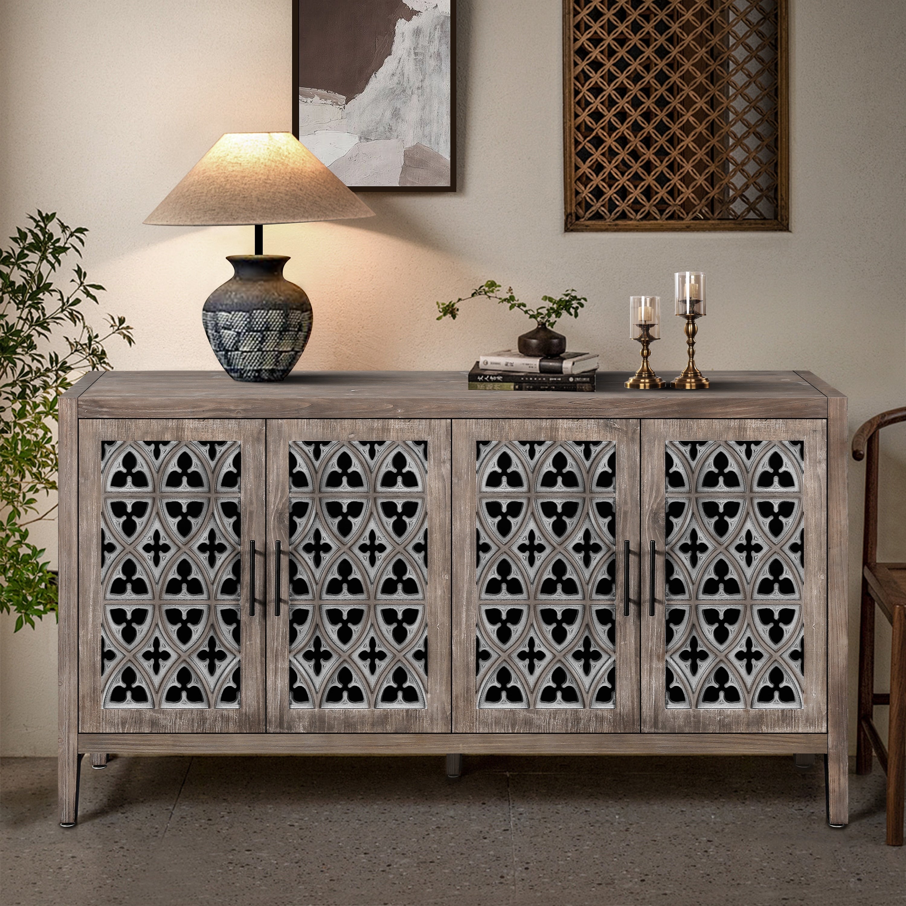 Gdfstudio Americana Hollow Carved Antique Storage Sideboard Cabinet With 4 Doors