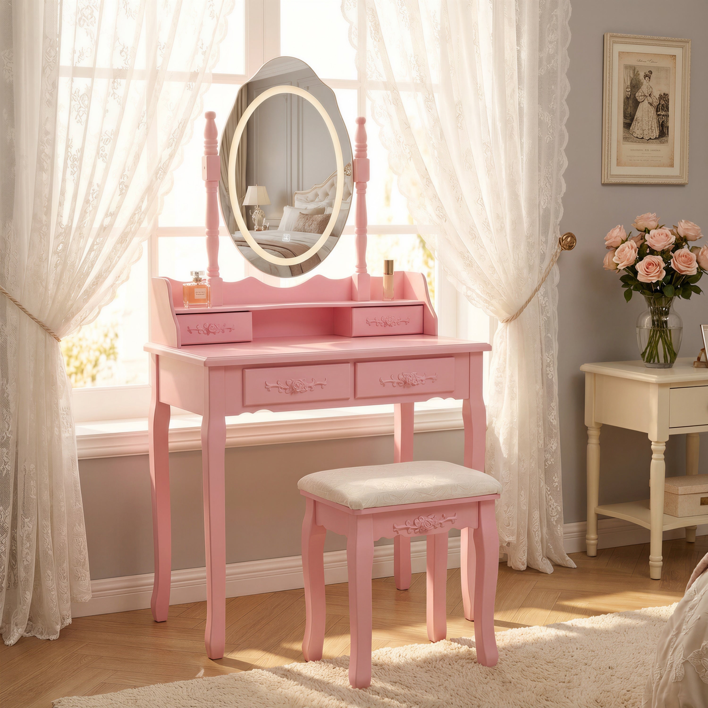 Gdfstudio Victorian Princess 4 Drawer Makeup Vanity Table Vanity Desk Set With Oval Mirror Matching Cushioned Stool