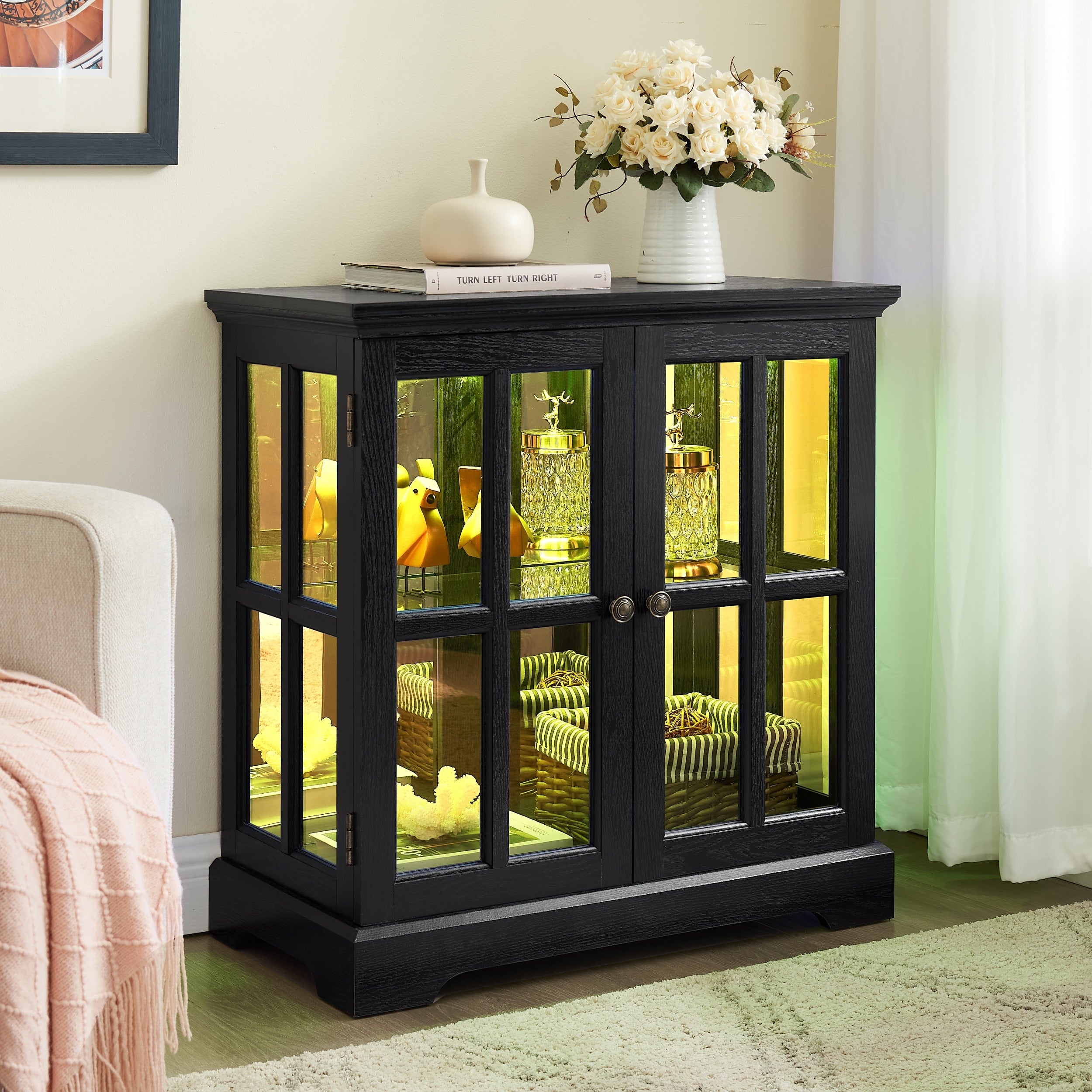 Gdfstudio Antique Storage Led Curio Display Cabinet With Lattice Glass Doors And Adjustable Shelves