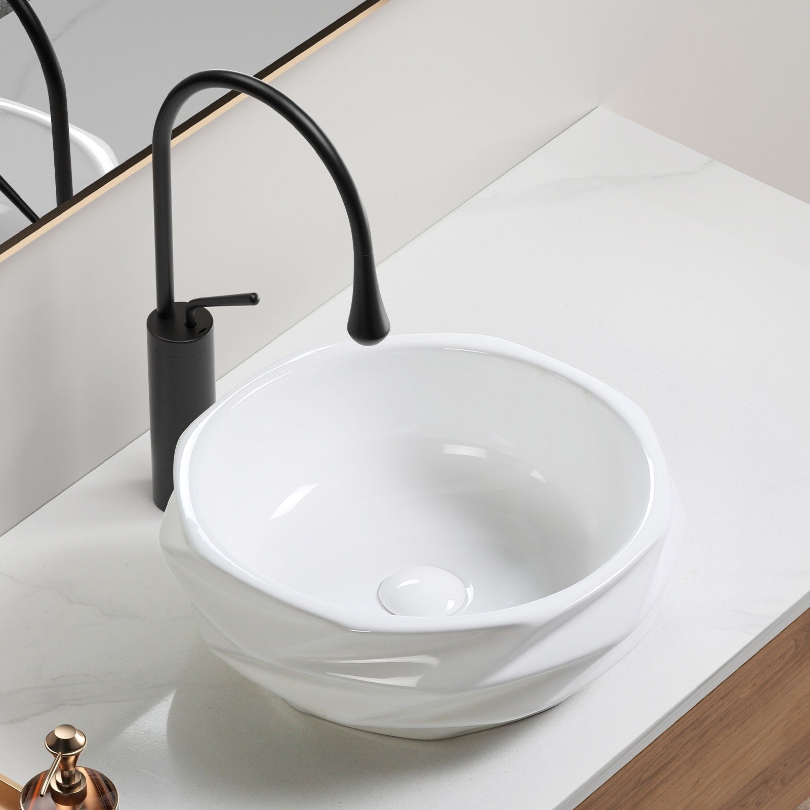 Gdfstudio Arlo Artistry Compact Modern Textured Ceramic Vessel Sink With Bas Relief Surface No Drain And Faucet Hole