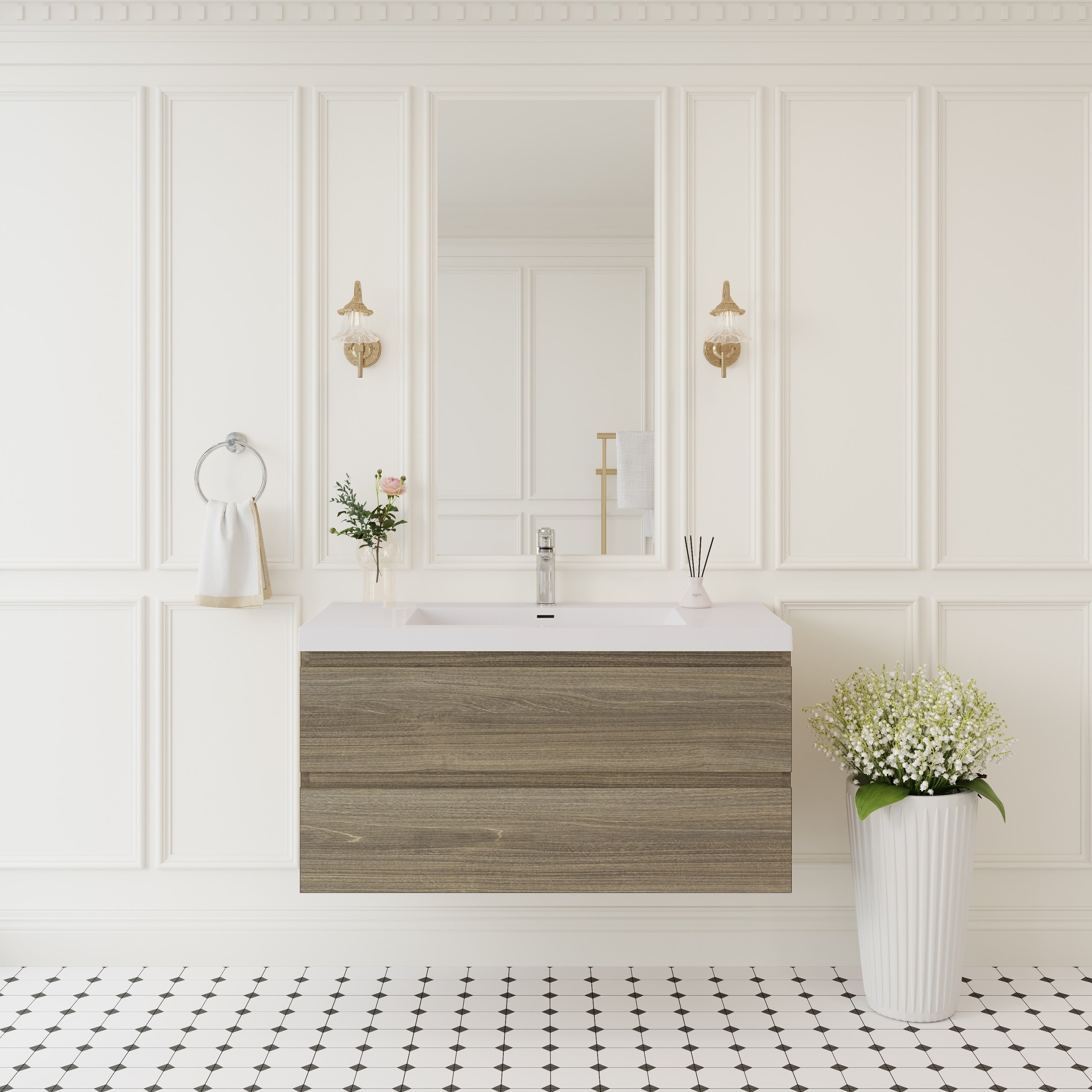 Gdfstudio Ashton Floating Bathroom Vanity With Solid Surface Basin And Soft Close Storage Drawers